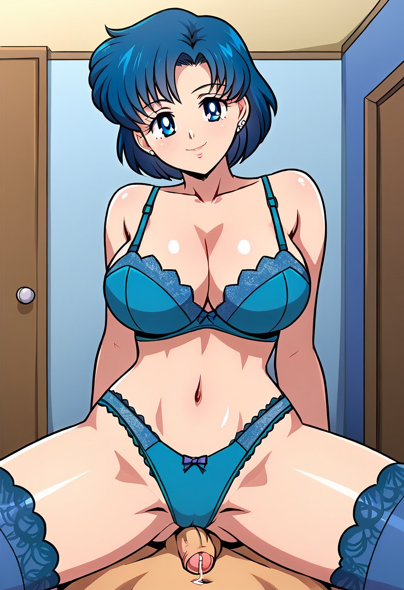 ai_generated akairiot_(style) ami_mizuno bishoujo_senshi_sailor_moon blue_bra blue_eyes blue_hair blue_panties bra clothed_female_nude_male cum flaccid flaccid_penis gastkeser82 groin looking_at_viewer medium_breasts navel nude_male panties penis precum sailor_mercury short_hair sitting sitting_on_person stockings thighs veiny_penis wide_hips