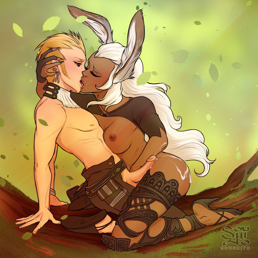 1boy 1girls animal_ears balthier black_nail_polish breasts cum cum_on_ass cum_on_body dark-skinned_female dark_skin duo ejaculation erection female final_fantasy final_fantasy_xii fran hand_on_head interracial kissing kneeling long_fingernails long_nails male pale-skinned_male pale_skin soushiyo straight viera white_hair_female