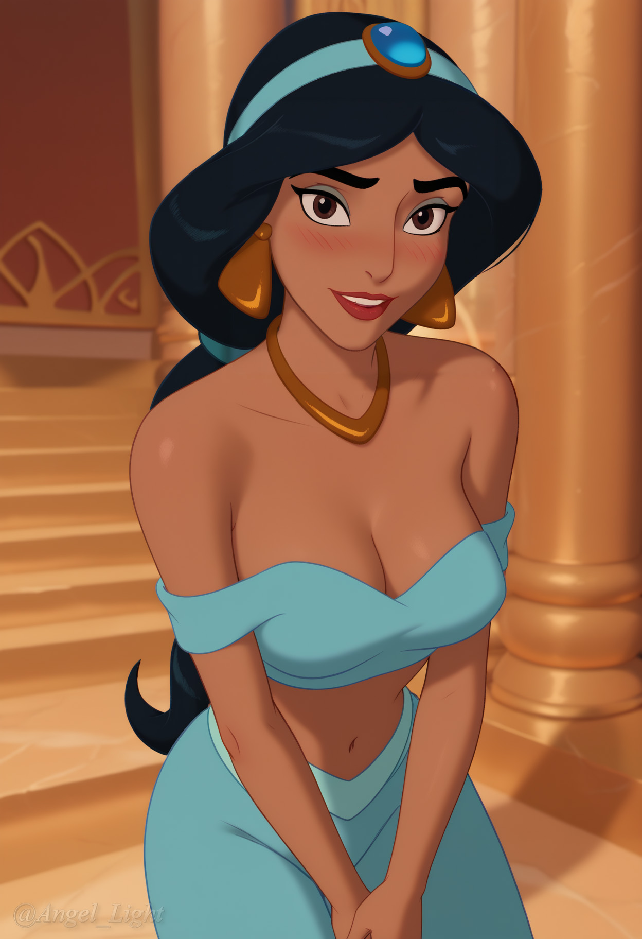 ai generated, aladdin, aladdin (1992 disney film), angel light, angel light (artist), big breasts, black hair, breasts, brown eyes, disney, disney princess, female, princess, princess jasmine