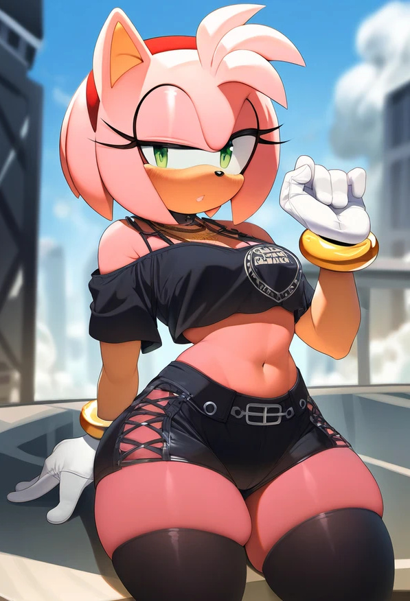 ai generated, amy rose, artist request, breasts, female, fur, furry, furry only, green eyes, hedgehog, hedgehog humanoid, huge thighs, looking at viewer, miniskirt, pink fur, pink skin, sega, short hair, small breasts, sonic (series), sonic the hedgehog (series), thick body, thick female, thick thighs, thighs, voluptuous, voluptuous female