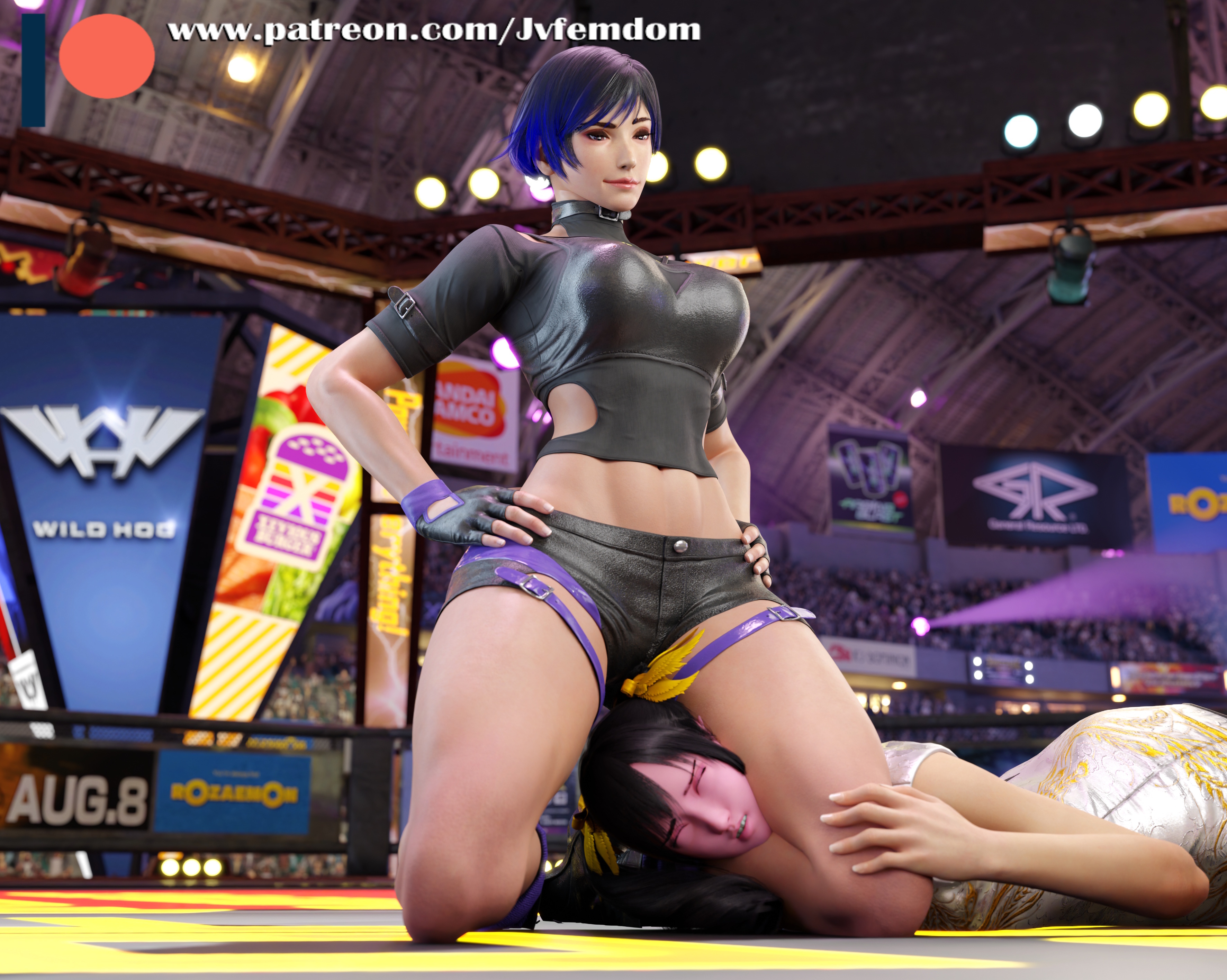 2girls, 3d, absurd res, arrogant, ass, ass on face, beaten, black hair, blender, catfight, chinese, choke hold, choking, combat boots, crossing arms, defeated, denim shorts, dominant, dominant female, domination, dominatrix, female, female domination, femdom, foot on face, foot on head, helpless, highres, humiliated, humiliating, humiliation, japanese, jpeg, jvfemdom, kneehighs, kneesocks, latina, leg lock, legs, lezdom, light skin, light-skinned female, ling xiaoyu, long hair, looking pleasured, loose socks, midriff, muscular, muscular thighs, pink hair, pinned, pinned down, reina mishima, round ass, round butt, sadism, sadistic, sadistic female, short hair, sitting, sitting on another, sitting on face, smile, smirk, smothering, smug, smug face, smug grin, sneakers, submission, submission hold, submissive, suffocation, swimsuit, t, tekken, tekken 8, utter domination, voluptuous, voluptuous female, wrestling