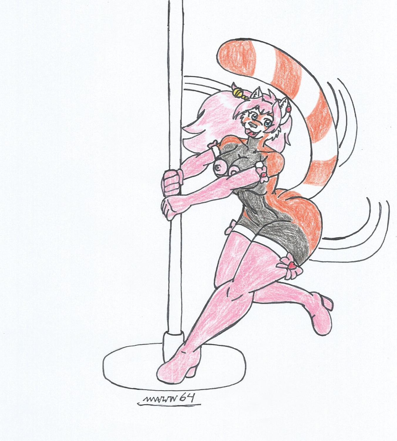 anthro big_ass big_hips black_fur blue_eyes furry high_heel_boots long_gloves looking_at_viewer marlon64 medium_breasts meiko_chan-chan_(waifuland) naked_boots naked_female naked_gloves orange_fur pink_hair pole_dancing red_panda smiling_at_viewer solo_female teenage_girl traditional_drawing_(artwork) waifuland white_background white_fur