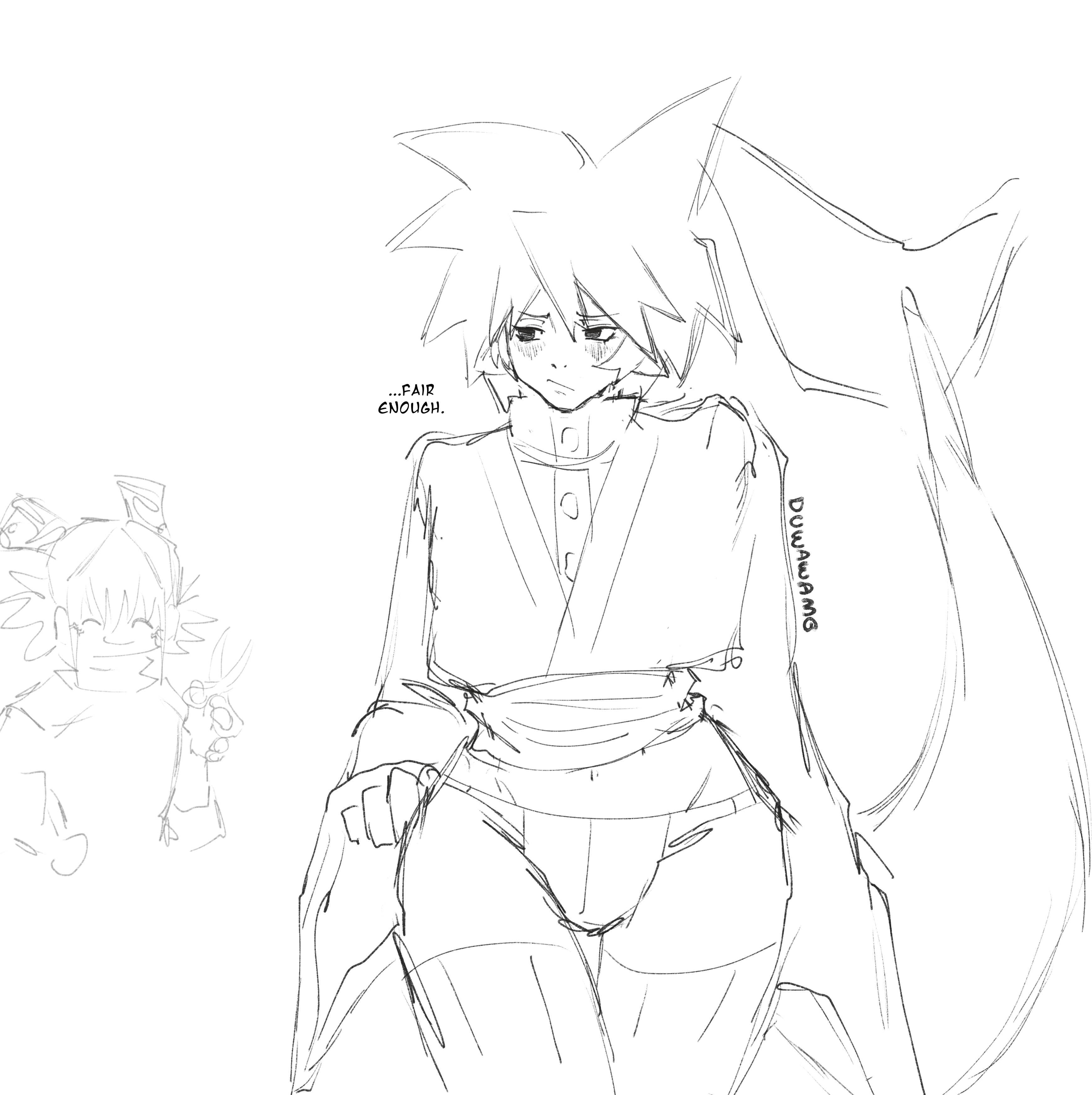 1boy, 2boys, blush, blush lines, duwawamg (artist), femboy, goated art, jujutsu kaisen, kashimo hajime, looking away, male, male focus, male only, oc, scissors, shark, shark fin, shark humanoid, shark tail, syuni (duwawamg), thighhighs