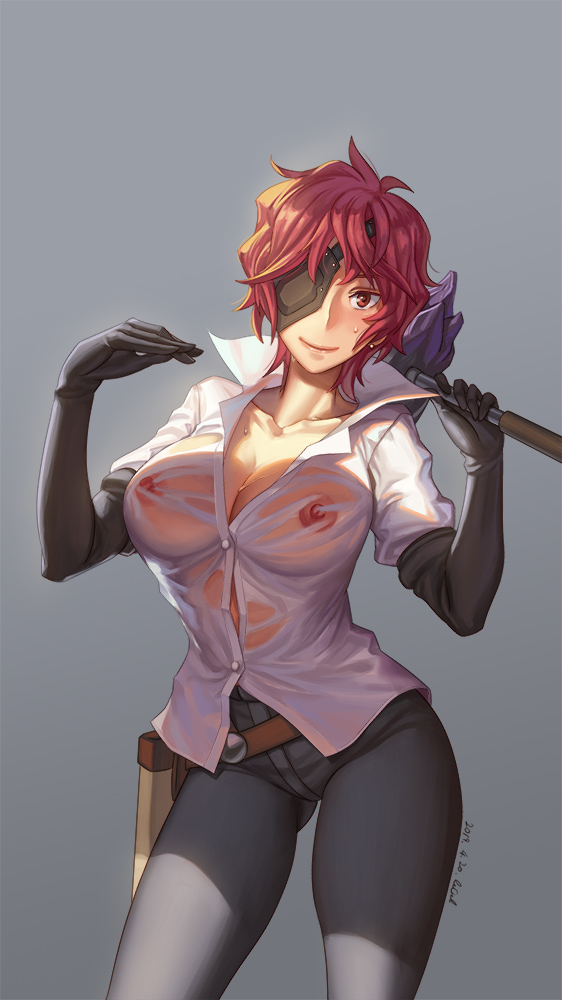 1girls, 2019, areola, artist name, belt, big breasts, breasts, cleavage, dungeon ni deai wo motomeru no wa machigatteiru darou ka, elbow gloves, elleciel.eud, eyepatch, female, female only, hammer, hephaestus (danmachi), holding hammer, hourglass figure, looking at viewer, nipples, pants, red eyes, red hair, see-through, short hair, short red hair, solo, unbuttoned shirt, wet shirt