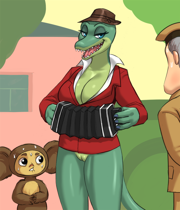 anthro big_ears blue_eyes blue_hair breasts brown_fur cheburashka cheburashka_(character) clothing crocodile crocodilian crocodylid fangs female flick fur hair half-closed_eyes hat headgear headwear krokodil_gena larger_female lipstick makeup male open_mouth pussy reptile rule_63 scalie sharp_teeth size_difference smaller_male sweat teeth