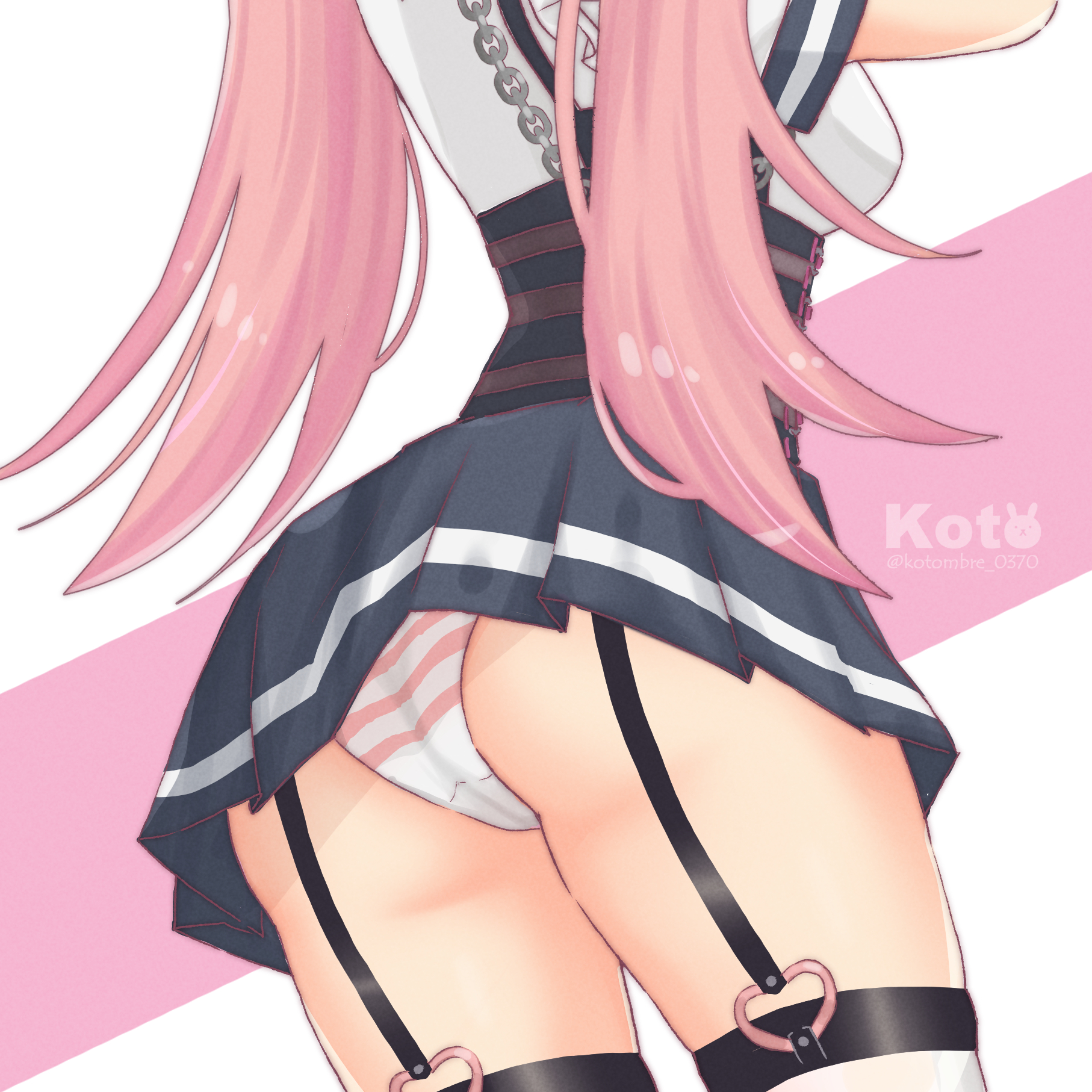 1girls, artist name, ass, ass focus, back, black skirt, breasts, chains, female, from behind, garter straps, goddess of victory: nikke, head out of frame, hi res, i (kotombre 0370), large breasts, panties, pantyshot, pantyshot (standing), pink panties, police uniform, policewoman, quiry (nikke), simple background, skirt, solo, solo female, striped panties, thighhighs, underwear, white legwear, white shirt