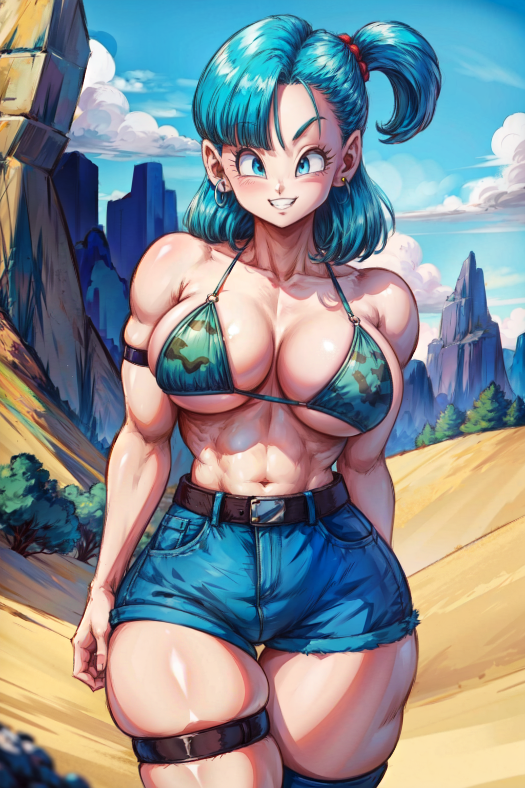 1girls abs ai_generated armwear bangs belt big_breasts bikini_top blue_hair blush breasts bulma_(dragon_ball) bulma_briefs camo_clothing camouflage camouflage_bikini cleavage collarbone denim denim_shorts desert dragon_ball dragon_ball_super dragon_ball_z earrings female female_only grin hair_tie huge_breasts looking_at_viewer midriff mountain navel outdoors outside short_hair shorts side_ponytail sideboob solo solo_female stable_diffusion tampopo thick_thighs thigh_strap toned toned_female underboob wide_hips