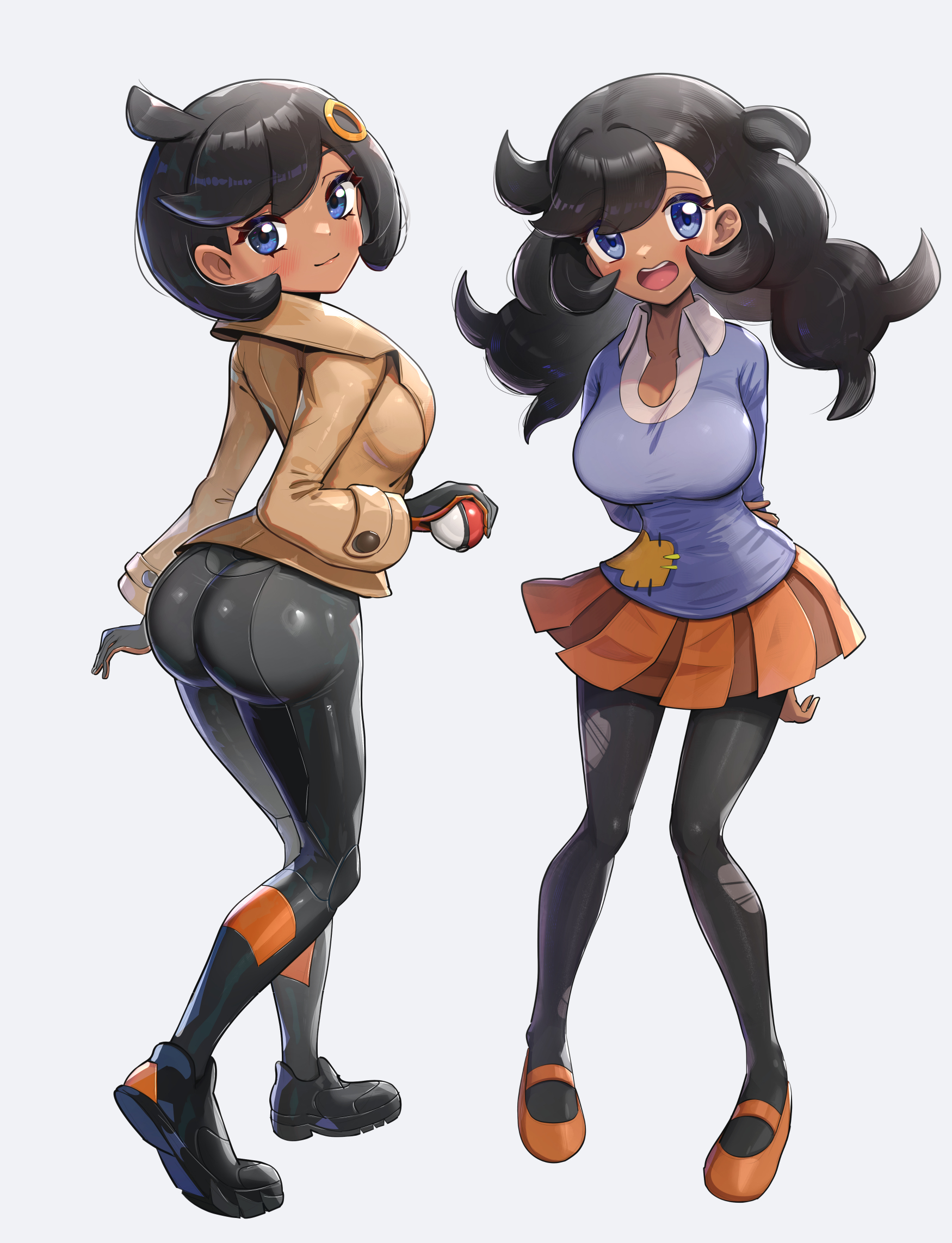 1girls, absurdres, aged up, ass, black bodysuit, black hair, black pantyhose, blue eyes, blue sweater, blush, bodysuit, bodysuit under clothes, breasts, closed mouth, collared shirt, dark skin, dark-skinned female, dual persona, emma (pokemon xy), emma (pokemon), female, female only, form fitting, game freak, gloves, gonzarez, hair ornament, highres, holding, huge ass, jacket, large breasts, long hair, looking at viewer, mary janes, matiere (pokemon xy), matiere (pokemon), nintendo, open mouth, orange skirt, pantyhose, past and present, patch, pokemon, pokemon xy, shirt, shoe soles, shoes, short hair, simple background, skirt, smile, solo, sweater, tight clothes, tight clothing, tight fit, tomboyish, torn clothes, torn pantyhose, white background