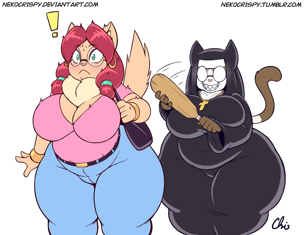 cat_ears cat_girl cat_tail cindy_(nekocrispy) dominant furry gilf milf nekocrispy nun nun_outfit ophelia_(sssonic2) paddle smirk smirking spank sssonic2 surprised surprised_expression