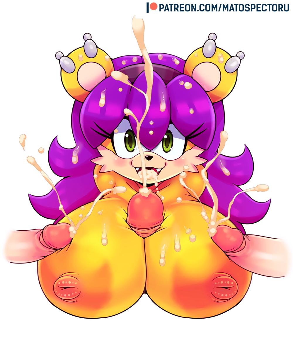 :3, 1girls, 3boys, anthro, archie comics, areolae, between breasts, big breasts, big penis, breasts, bust, bust style, cleavage, cum, cum on breasts, cumshot, ear piercing, ejaculation, female, foursome, furry, green eyes, hair, huge breasts, large breasts, large penis, male, mammal, matospectoru, mina mongoose, mongoose, multiple boys, multiple males, multiple penises, nipples, nude, paizuri, penis, penis on breast, piercing, purple hair, sega, sonic (series), sonic the hedgehog (archie), sonic the hedgehog (comics), sonic the hedgehog (series), straight, yellow fur