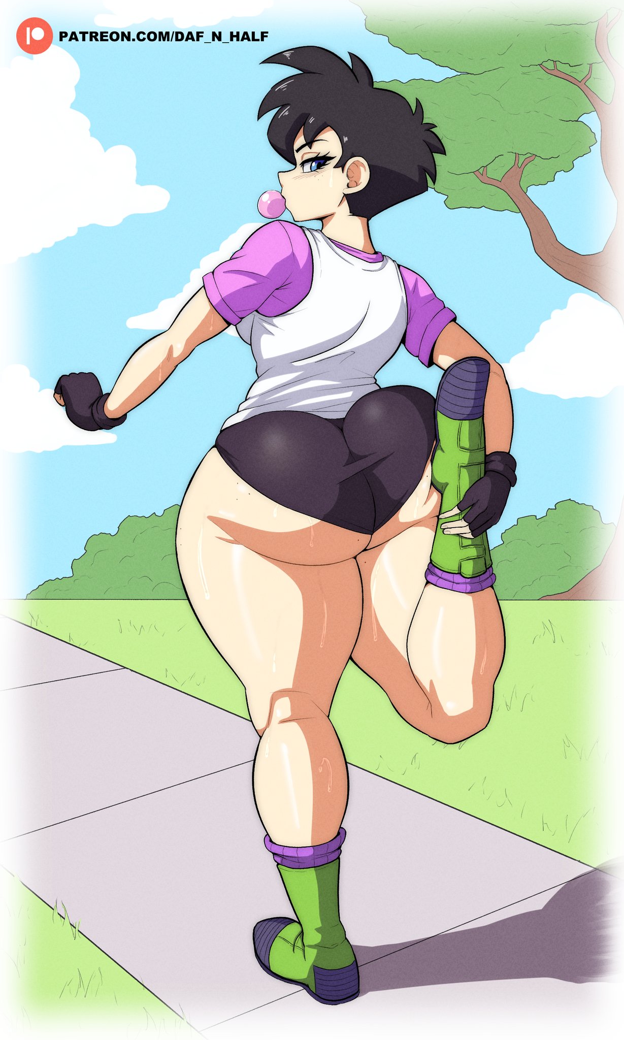 1girls ass ass_focus big_ass bike_shorts bitch black_hair black_shorts blue_eyes bottomwear bubble_ass bubble_butt bubblegum daf_n_half dat_ass dragon_ball fat_ass female female_only footwear full_body gloves hair handwear huge_breasts legs looking_back one_leg_raised one_leg_up public raised_leg shoes short_hair short_shorts shorts solo solo_female sportswear sweat sweatdrop sweaty tank_top topwear videl