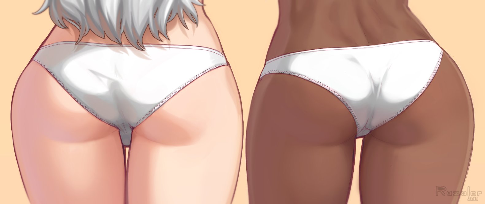 2girls, dark skin, dark-skinned female, female, female only, from behind, light skin, light-skinned female, long hair, multiple females, multiple girls, panties, presenting hindquarters, razalor, rear view, white hair, white panties