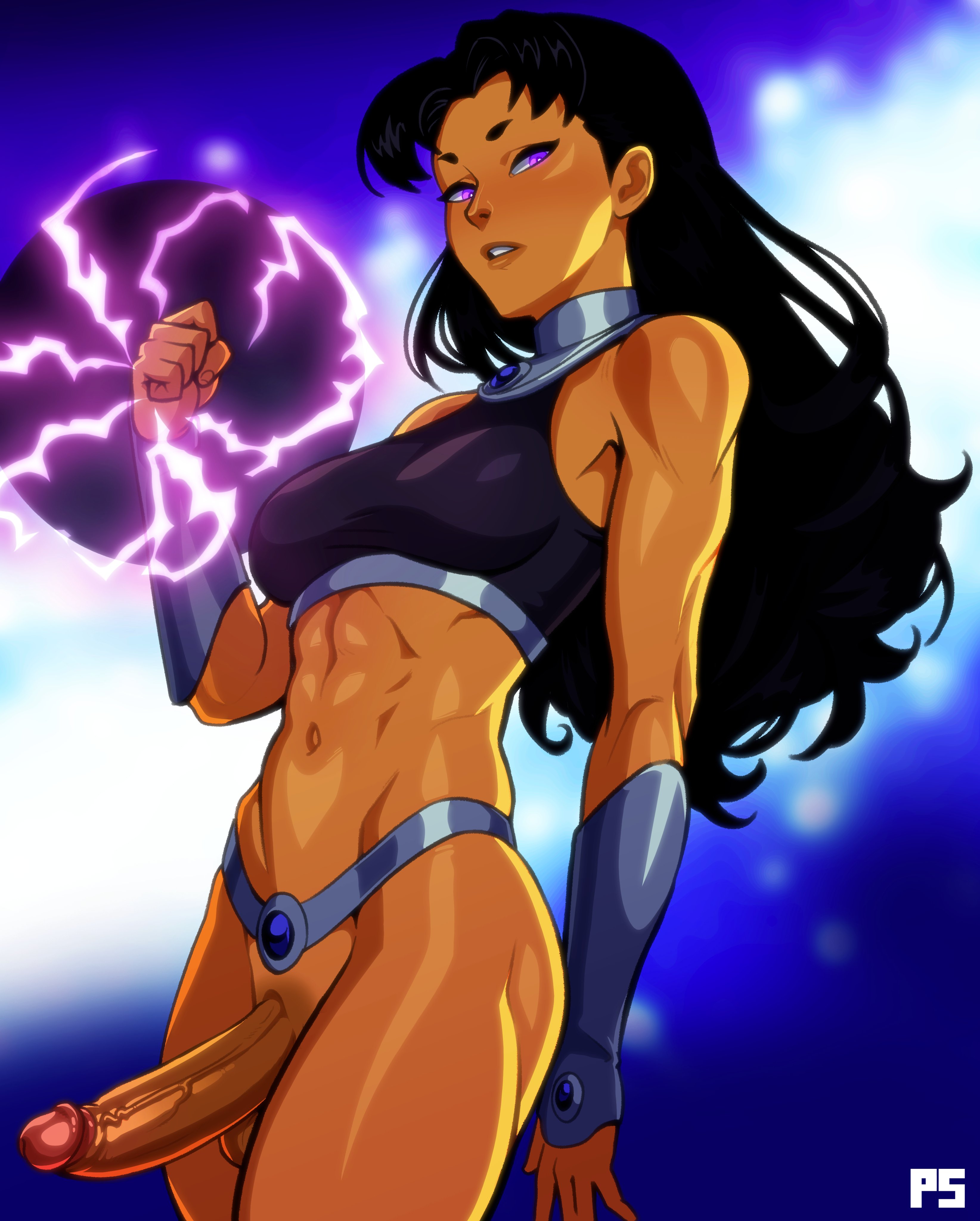 1futa, absurd res, alien, alien girl, alien humanoid, balls, big breasts, big penis, black hair, blackfire, bottomless, breasts, clothed, clothing, dc, dc comics, erection, female, futa only, futa sans pussy, futanari, human, intersex, large penis, light skin, light-skinned futa, long hair, looking at viewer, low-angle view, medium breasts, orange body, orange skin, partially clothed, penis, pumpkinsinclair, purple hair, solo, solo futa, teen titans