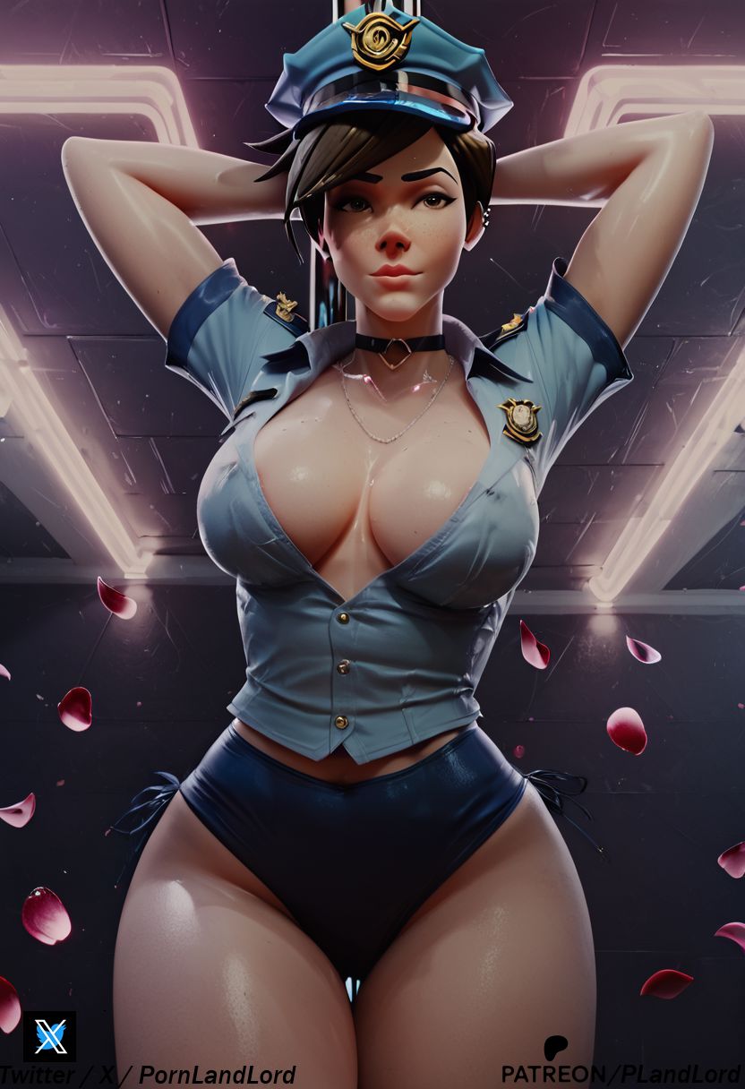 1girls, ai generated, big breasts, breasts, female, lena oxton, overwatch, overwatch 2, police, police uniform, pornlandlord, thick, thick thighs, tracer, wet body