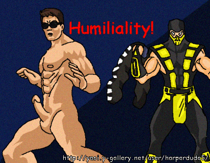 00s 2006 2boys 2d balls brown_hair clothed_male_nude_male erect_penis erection harperdude5 humiliation johnny_cage legs_apart lowres male male_only mortal_kombat muscular nude scorpion_(mortal_kombat) simple_background spread_legs sunglasses video_games