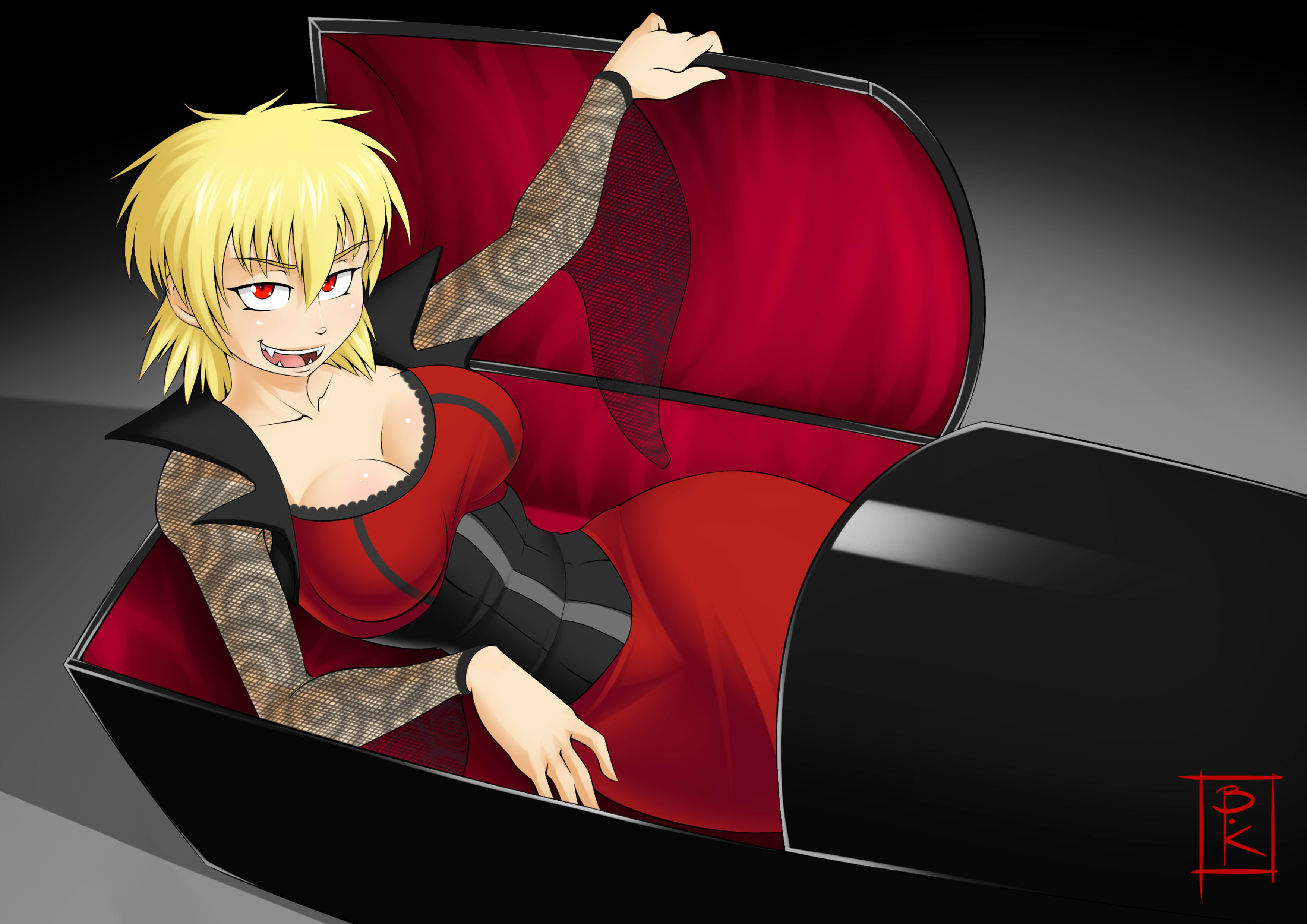 absurdres, alternate costume, blonde hair, blunt katana, breasts, cleavage, coffin, dress, eyebrows, eyebrows visible through hair, fangs, female, fishnets, hellsing, highres, large breasts, looking at viewer, red dress, red eyes, seras victoria, short hair, slender waist, solo, vampire