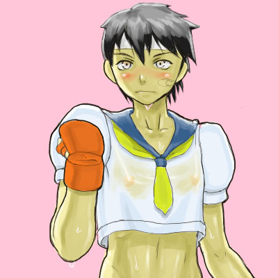 1boy bandaid black_hair genderswap_(ftm) male necktie nipples nipples_visible_through_clothing pink_background rule_63 sakura_kasugano shirt short_hair short_sleeves simple_background straight_hair street_fighter tagme upper_body wet_clothes yamakawaya yellow_necktie