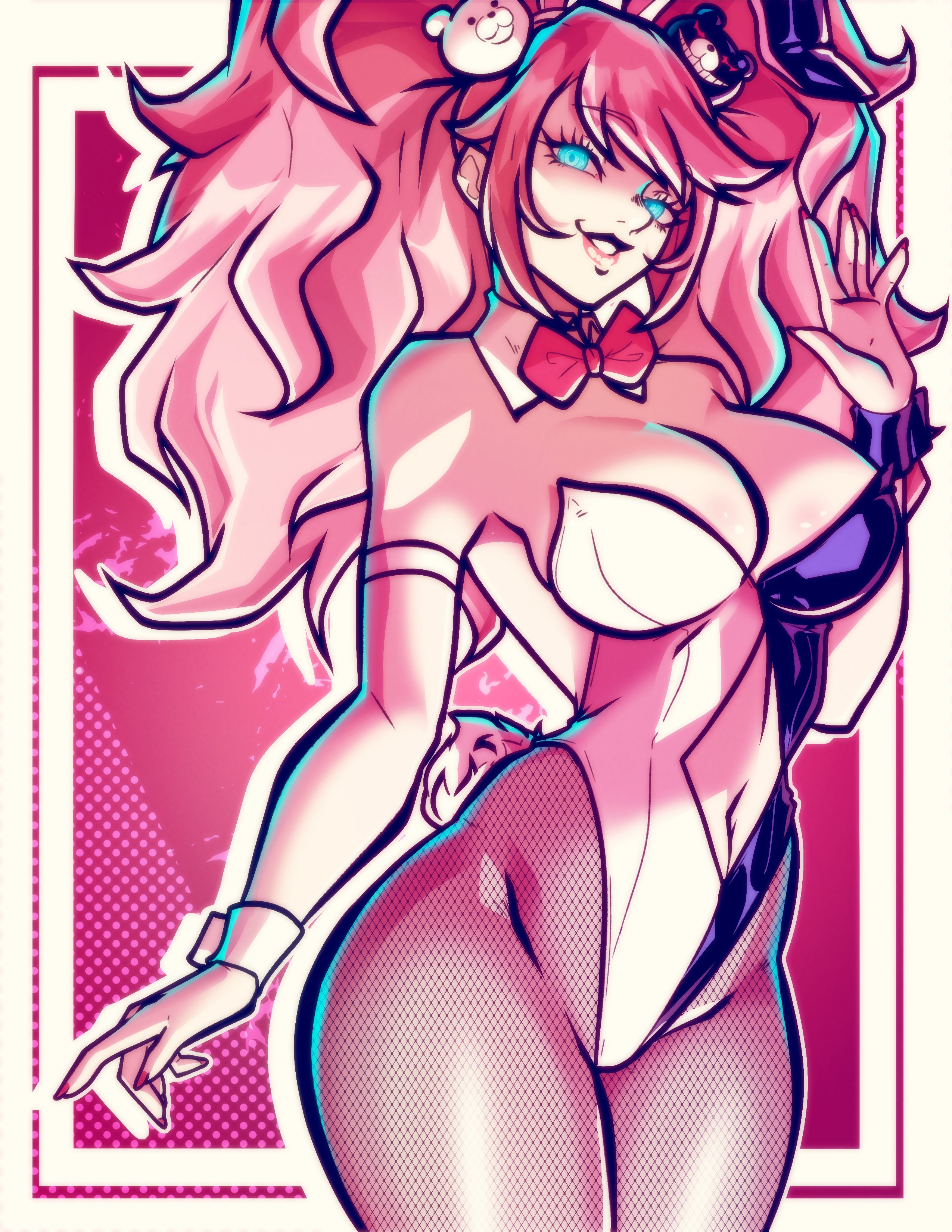1girls, big breasts, blonde hair, blue eyes, bow, bowtie, breasts, bunnysuit, cleavage, danganronpa, detached collar, female, female only, fishnet legwear, fishnet pantyhose, fishnets, hair ornament, junko enoshima, large breasts, long hair, nico artooo, pantyhose, smile, solo, twintails, wrist cuffs