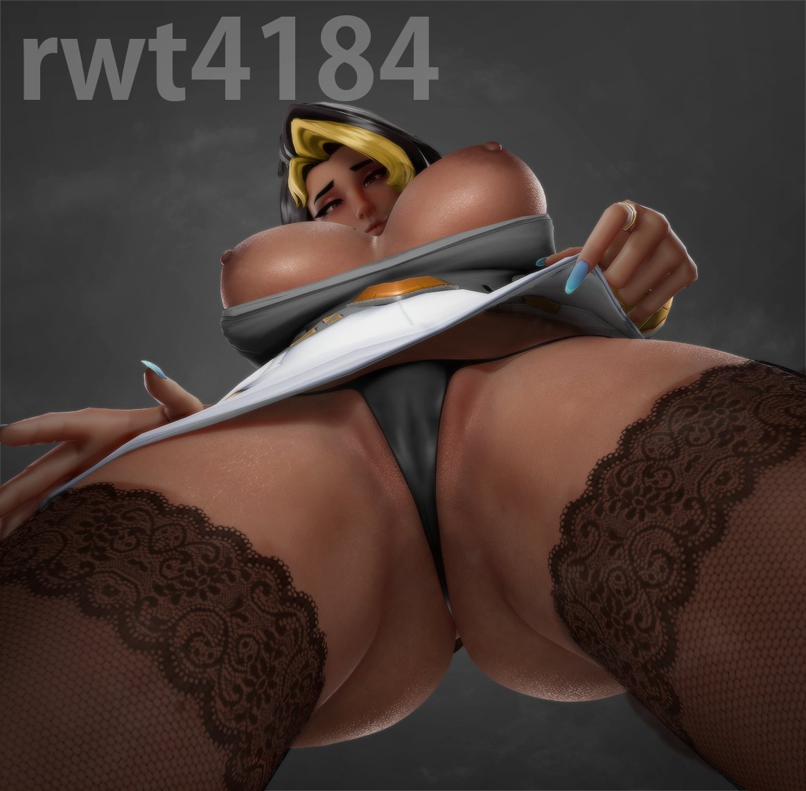 1girls, 3d, below view, big ass, big breasts, dark-skinned female, domina, huge breasts, indian female, looking at viewer, looking down, low-angle view, overwatch, rwt4184, solo, upskirt, vaira singhania