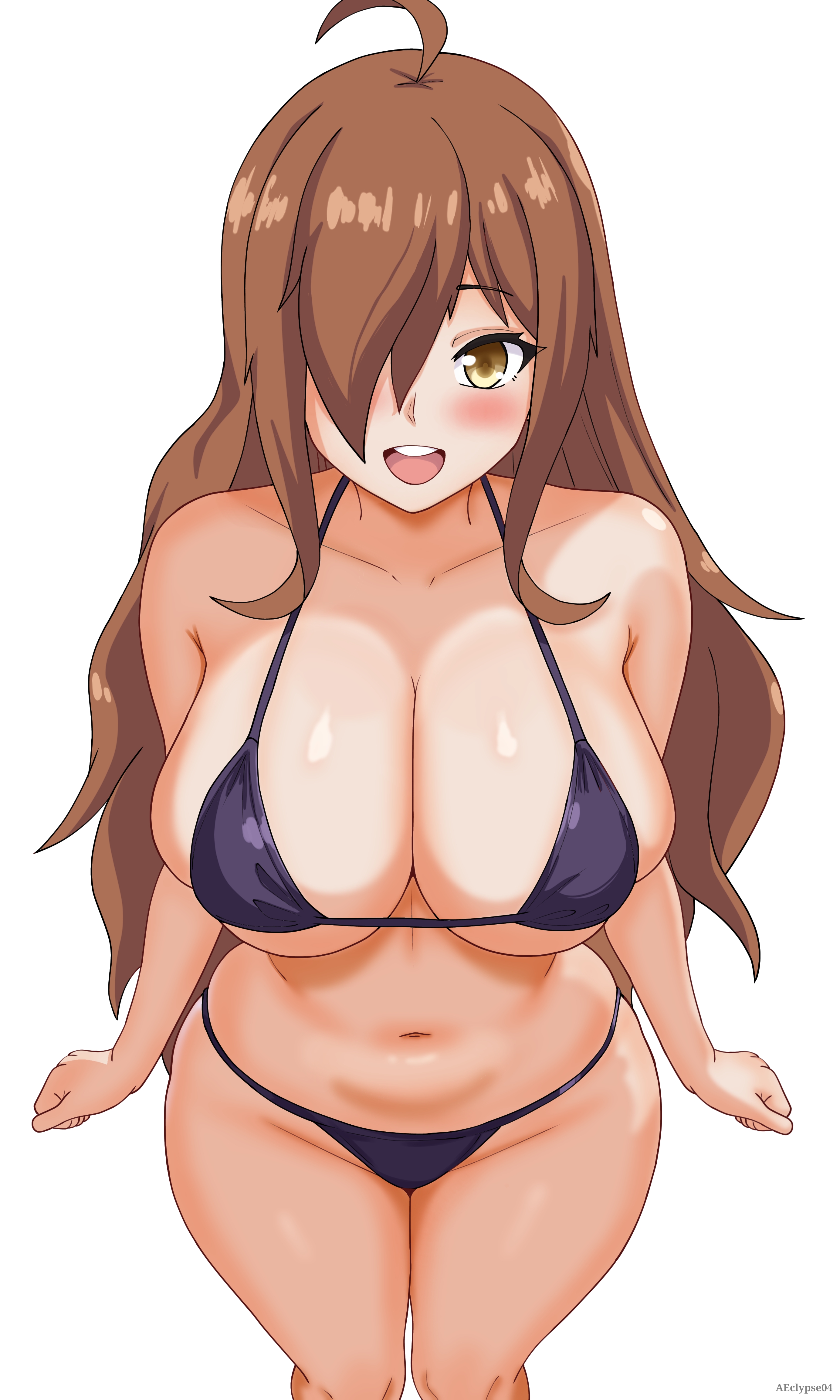1girls, big breasts, bikini, bikini bottom, bikini top, bottomwear, breasts, brown hair, cleavage, eclypse, female, female only, hair, hair over one eye, hips, huge breasts, kono subarashii sekai ni shukufuku wo!, purple bikini, smile, solo, solo female, swimwear, thighs, topwear, white background, wiz (konosuba), yellow eyes