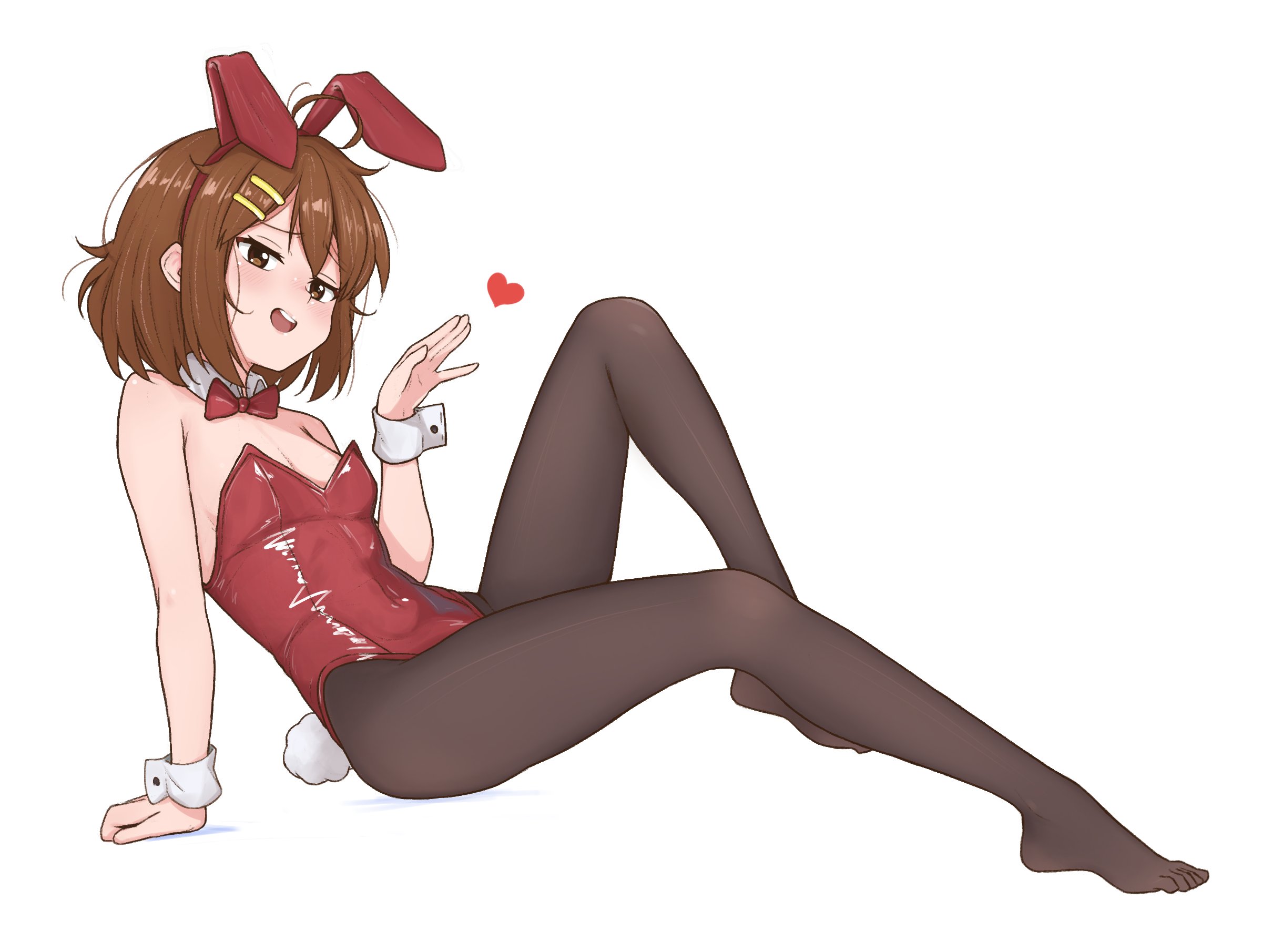 andrey pavlow, animal ear hairband, animal ears, bow, bowtie, brown eyes, brown hair, bunny ears, bunny tail, bunnysuit, covered navel, detached collar, fake animal ears, fake tail, female, full body, hairband, highres, k-on!, leotard, open mouth, pantyhose, playboy bunny, rabbit ear hairband, rabbit ears, rabbit tail, red leotard, short hair, simple background, solo, strapless, strapless leotard, tail, white background, wrist cuffs, yui hirasawa (k-on!)