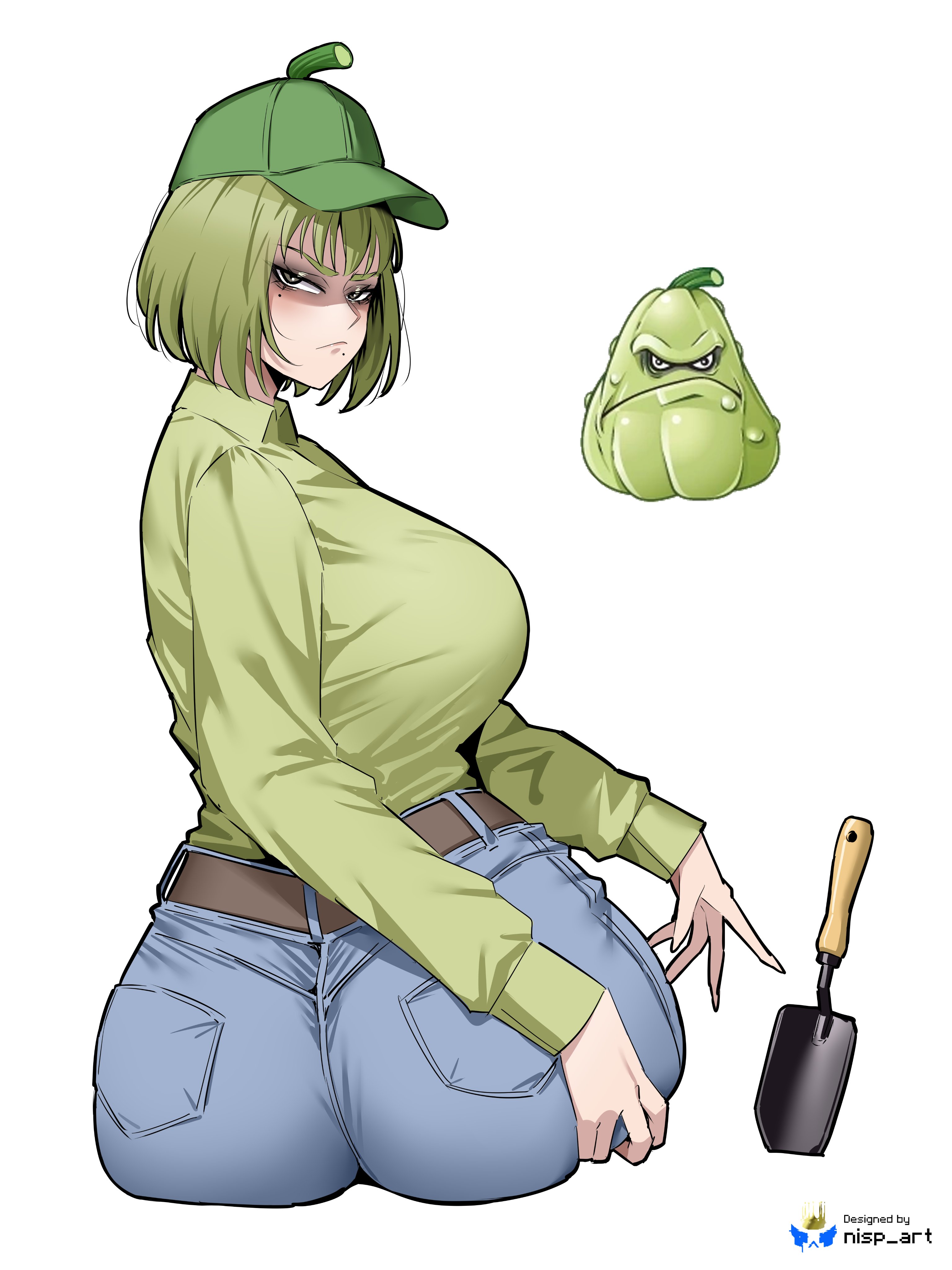 2d, 2d (artwork), angry pumpkin (plants vs zombies), back view, bangs, big ass, blush, blush lines, bob cut, curvaceous, curvaceous female, curvaceous figure, curves, curvy body, curvy female, curvy figure, curvy hips, green hair, hat, hourglass figure, humanization, humanized, jeans, large ass, large breasts, looking at viewer, medium hair, nisp art, oc, plants vs zombies, pumpkin, pumpkin head, sideboob, sitting, sitting on chair, slim waist, squash (pvz), tagme, thick ass, thick thighs, voluptuous, voluptuous body, voluptuous female, wide hips