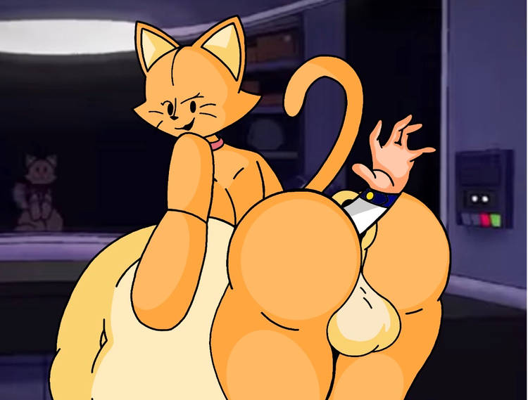 1boy, anal, anal vore, anthro, anthro on human, anus, arm tuft, ass, balls, belly, belly button, big ass, big belly, big thighs, bratti (gremlingrounded), cat, collar, digital media (artwork), fanart, felid, feline, felis, femboy, femboy only, fingers, furry, hand on belly, hand out, horror, horror (theme), horror game, huge ass, huge belly, human, human hands, human on anthro, large belly, looking back, lovedoll toy factory, male, male only, male pred, male prey, navel, orange fur, predator/prey, raised tail, security guard, shin120318, tail, thick thighs, thighs, tuft, vore, vore belly, whiskers