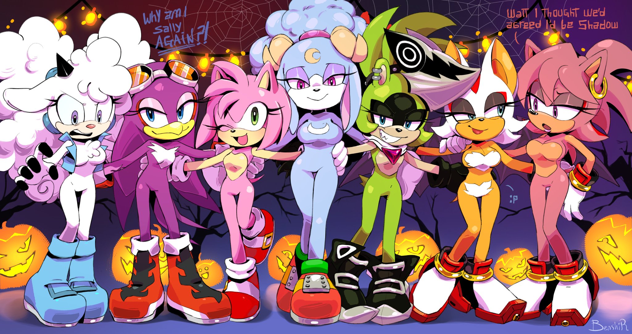 7girls, amy rose, archie comics, ariem, bat, bat ears, bat wings, beak, benshir, blue eyes, casual, chest tuft, cobwebs, commission, cosplay, costume, cute, ear piercing, earrings, face paint, featureless breasts, featureless crotch, female, female only, footwear, goggles, green eyes, group, halloween, halloween costume, handwear, handwear and footwear only, horns, idw publishing, infinite the jackal (cosplay), jack-o'-lantern, knuckles the echidna (cosplay), lanolin the sheep, naked footwear, no nipples, nonsexual, nonsexual nudity, nude female, one leg up, original character, pumpkin, red eyes, rouge the bat, sally acorn (cosplay), sega, shadow the hedgehog (cosplay), sharp teeth, sheep, sonic (series), sonic dream team, sonic oc, sonic riders, sonic the hedgehog (archie), sonic the hedgehog (idw), sonic the hedgehog (series), surge the tenrec, wave the swallow
