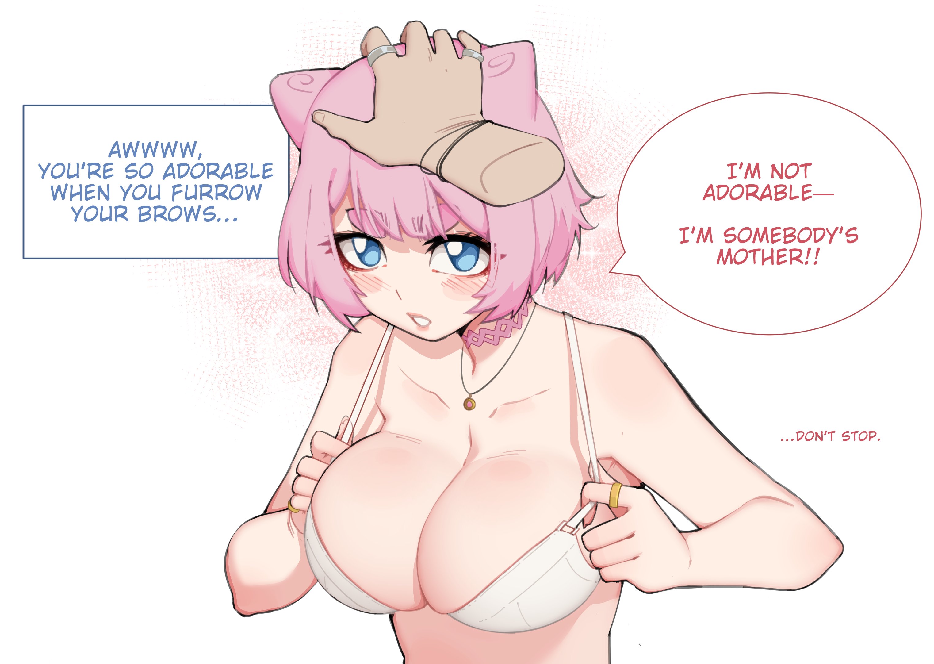 1girls, big breasts, blue eyes, blush, bra, dialogue, disembodied hand, english text, female, female only, generation 1 pokemon, hand on head, humanized, humanized pokemon, legendary pokemon, looking at viewer, luxurias, mew, necklace, nintendo, pink hair, pokegirl, pokemon, pokemon (species), speech bubble, talking to viewer, vanessa (luxuriass), very high resolution, white background