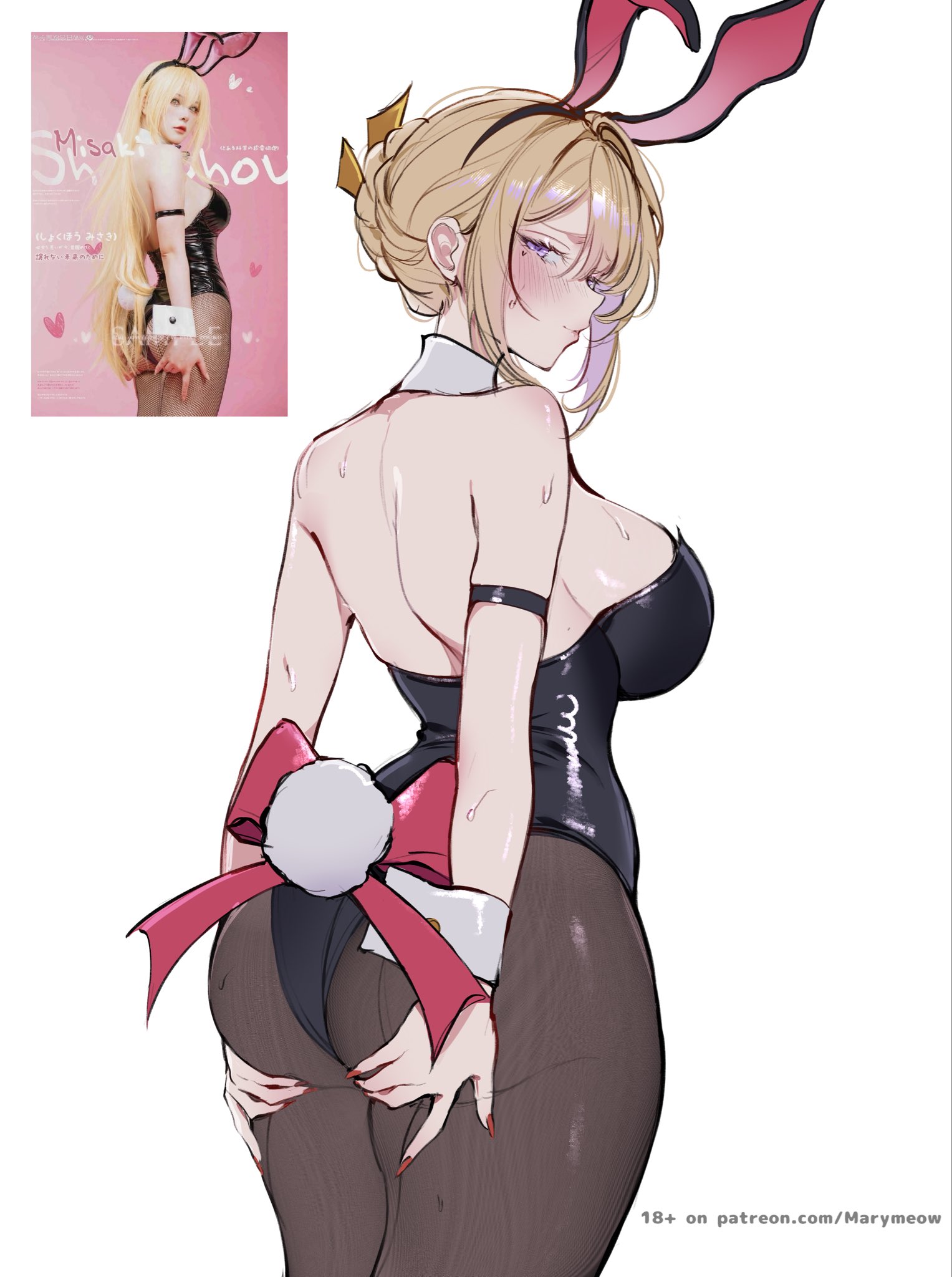 1girls, animal ears, arm strap, ass, ass grab, ass support, bare shoulders, big ass, big breasts, black leotard, black pantyhose, blonde hair, blush, blushing, breasts, bunny ears, bunny girl, bunnysuit, closed mouth, embarrassed, evelyn chevalier, fake animal ears, fake tail, female, female only, from behind, hands on own ass, highres, hourglass figure, huge ass, huge breasts, large ass, large breasts, leotard, looking at viewer, looking back, maria (marymeow), nervous, paid reward available, pantyhose, photo-referenced, purple eyes, rabbit ears, rabbit tail, reference image, revision, shy, sideboob, simple background, slim waist, standing, tail, thick, thick ass, thick thighs, thighs, white background, wide hips, zenless zone zero