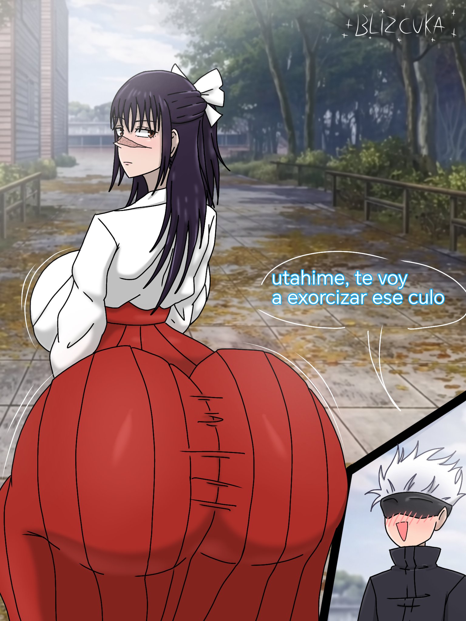 big ass, big breasts, black hair, blizcuka, clothing, huge ass, jujutsu kaisen, looking back, satoru gojo, scar on face, utahime iori