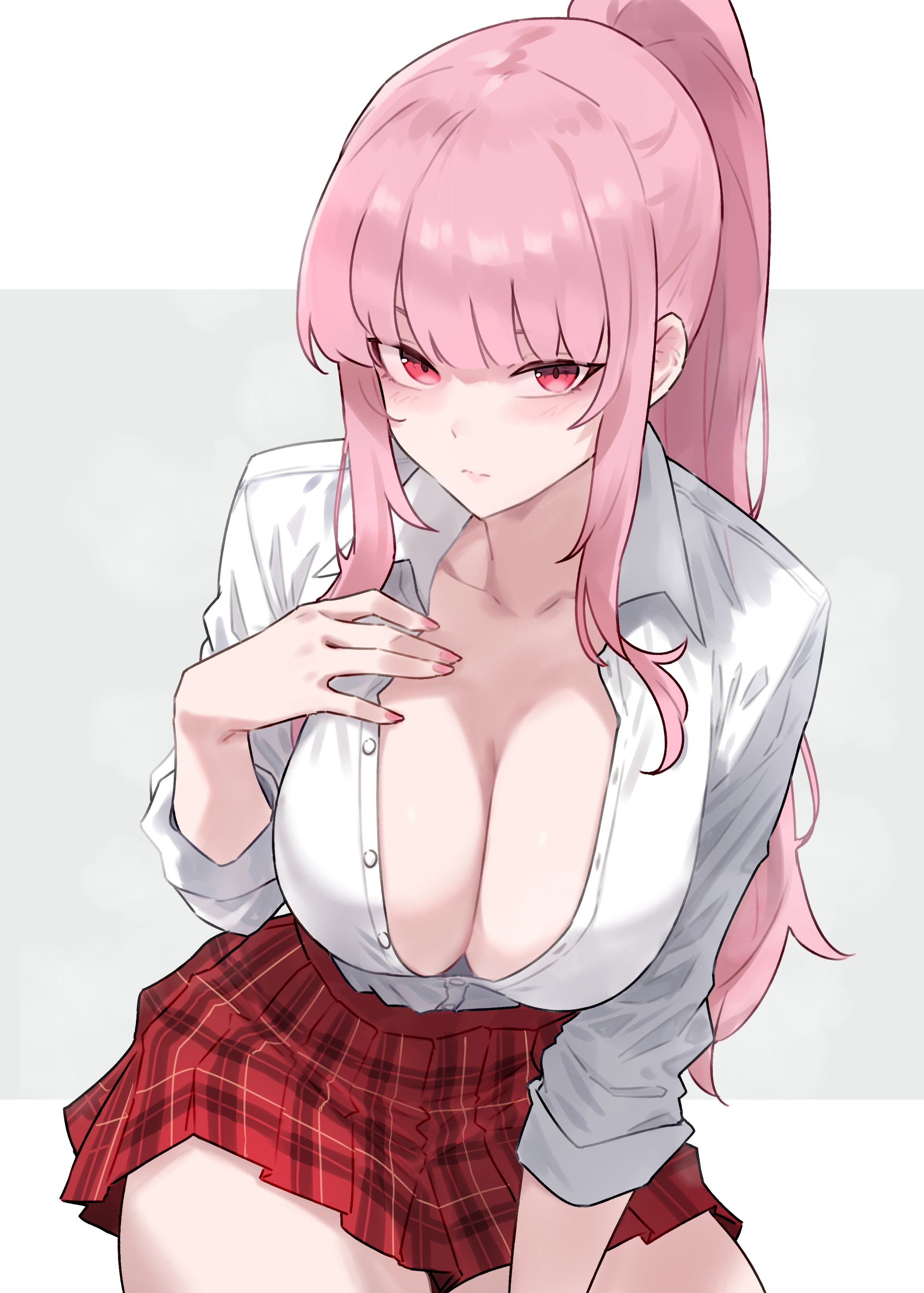 1girls, big breasts, bluefield, blush, breasts, cleavage, clothed, clothing, embarrassed, female, female only, hololive, hololive english, hololive myth, huge breasts, large breasts, long hair, looking at viewer, miniskirt, mori calliope, pink eyes, pink hair, plaid skirt, ponytail, shirt, short skirt, shy, skirt, solo, solo female, unbuttoned, unbuttoned shirt, virtual youtuber, voluptuous, voluptuous female