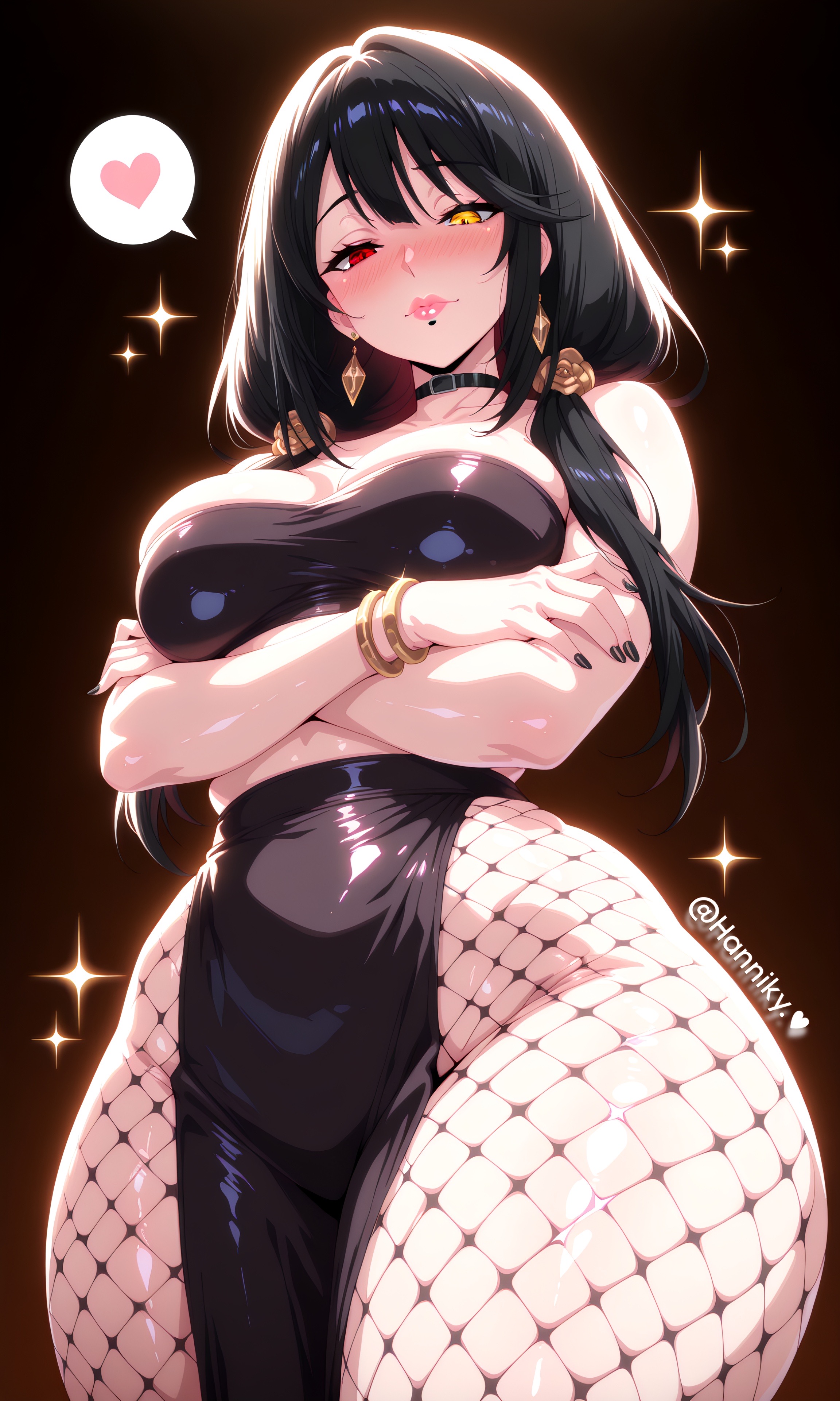 ai generated, arms under breasts, bangs, black clothing, black hair, black nail polish, black nails, blush, bracelet, bracelets, chocker, closed mouth, crossed arms, curvy, curvy body, curvy female, curvy figure, curvy hips, curvy thighs, date a live, earrings, ecchi, fishnet pantyhose, fishnets, from below, goth, goth clothing, goth girl, goth mommy, gothic, gothic clothes, gothic girl, hair ornament, heterochromia, hips, illyfurina, jewelry, legs, lipstick, long hair, looking at viewer, looking down, mature female, medium breasts, messy hair, mole, mole under mouth, mommy, nail polish, pelvic curtain, pink lipstick, pixai, red eyes, seducing, seduction, seductive, seductive body, seductive eyes, seductive female, seductive gaze, seductive look, seductive mouth, seductive pose, sfw, sfw version, sfw version available, shiny skin, spoken heart, stable diffusion, standing, thick body, thick hips, thick legs, thick thighs, thighs, tokisaki kurumi, tube top, tubetop, twintails, twintails (hairstyle), waist, yellow eyes
