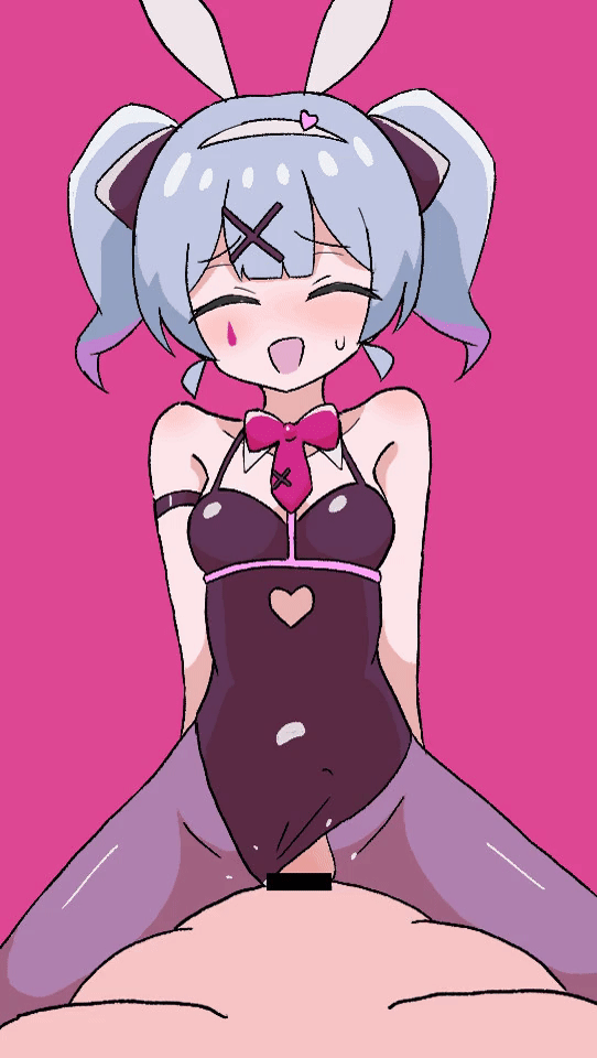 1boy, 1girls, animated, blue eyes, blue hair, blush, bunny ears, bunnysuit, bunnysuit aside, cowgirl position, female, hatsune miku, heart-shaped pupils, leotard, leotard aside, looking at viewer, penetration, penis, pov, rabbit hole (vocaloid), sagami sagari, sex, sweat, vocaloid