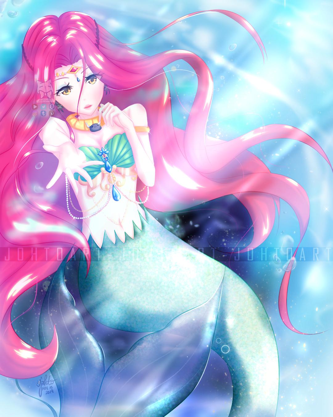 bra breasts female female_only hands hilla_(maplestory) jewelry lipstick maplestory mermaid necklace red_eyes tail watermark yellow_eyes