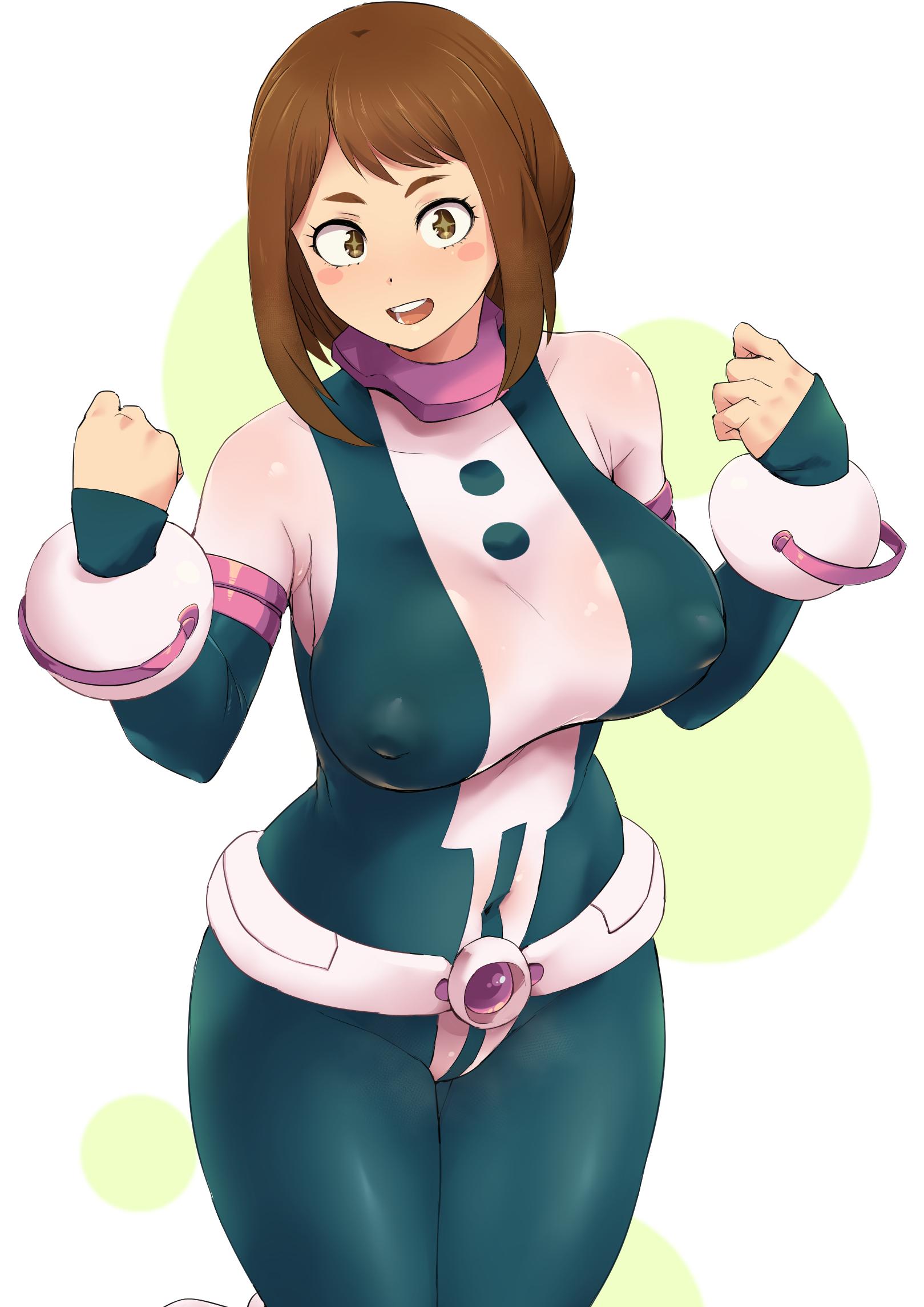 1girls, big breasts, bodysuit, breasts, brown hair, brown-haired female, cleavage, erect nipples, female, female human, female only, hero outfit (mha), hourglass figure, human, large breasts, light skin, light-skinned female, minakami, my hero academia, nipples, ochako uraraka, ochako uraraka (hero outfit), slim waist, solo, superhero costume, superheroine, teenage female, teenager, thick thighs, wide hips