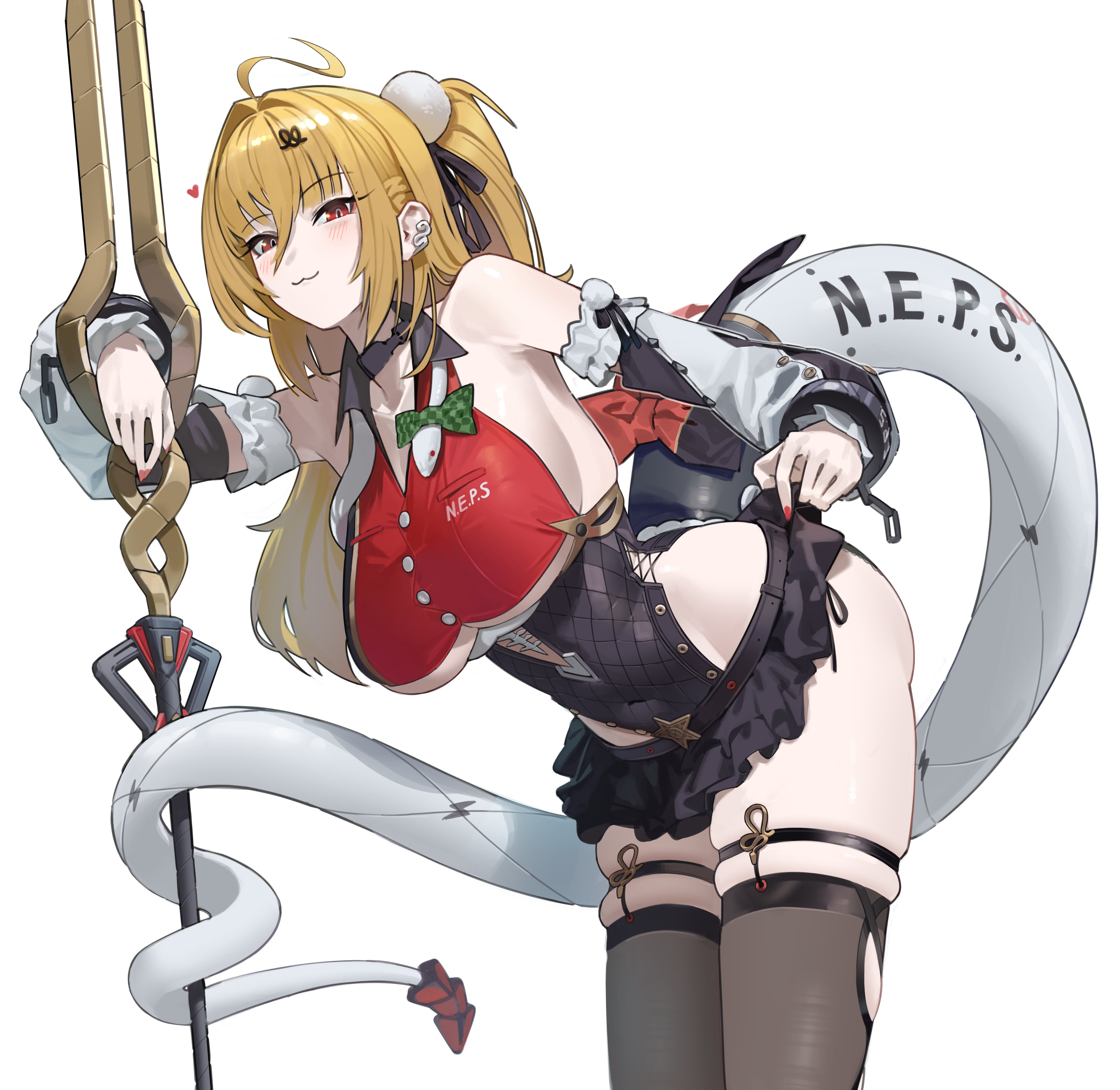 :3, 1girls, absurdres, ahoge, blonde hair, breasts, cissia (zenless zone zero), closed mouth, colored nails, covered navel, detached sleeves, earclip, esnowg, female, female only, highres, holding, holding polearm, holding weapon, large breasts, long hair, looking at viewer, metal wrist cuffs, painted nails, pink nails, polearm, rattlesnake, simple background, snake, snake girl, snake tail, solo, tail, underboob, weapon, white background, white snake, zenless zone zero