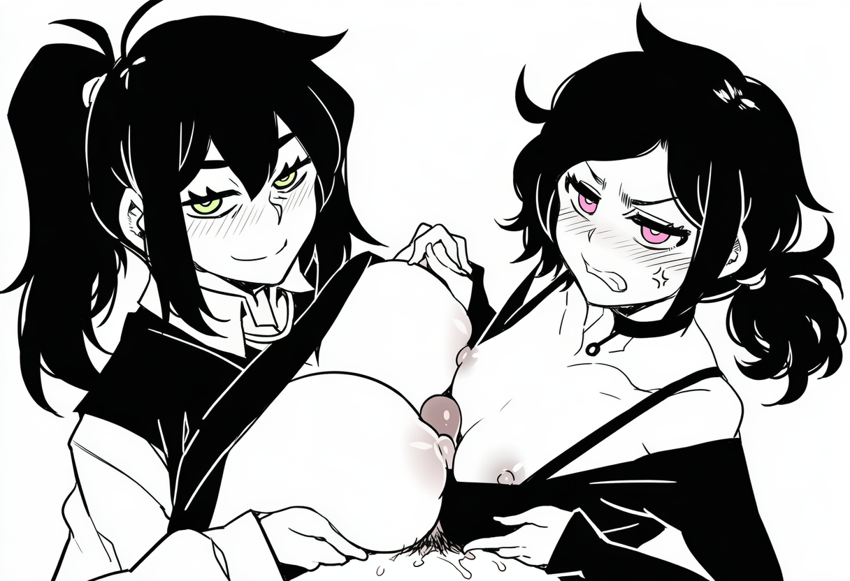 1boy, 2girls, ai generated, andrew graves, anger vein, angry, annoyed, ashley graves, asymmetrical docking, between breasts, big breasts, black hair, blush, breast envy, breast press, breast size difference, breasts, brother and sister, choker, clenched teeth, clothes lift, clothing, collaborative paizuri, collarbone, cooperative paizuri, cum, eyeliner, female, ffm threesome, goth, goth girl, green eyes, grin, group sex, hand holding, hetero, holding hands, huge breasts, human female, incest, jealous, large breasts, long hair, long sleeves, looking at viewer, male, male pubic hair, mascara, mature, mature female, medium breasts, milf, mother and children, mother and daughter, mother and son, multiple girls, nipples, paizuri, pale skin, pale-skinned female, pale-skinned male, partial male, partially colored, penis, pink eyes, ponytail, pubic hair, renee graves, shimaidon (sex), shirt lift, siblings, small breasts, smile, smug, spot color, straight, teamwork, teeth, the coffin of andrew and renee, the coffin of andy and leyley, threesome, titfuck, titfuck under clothes