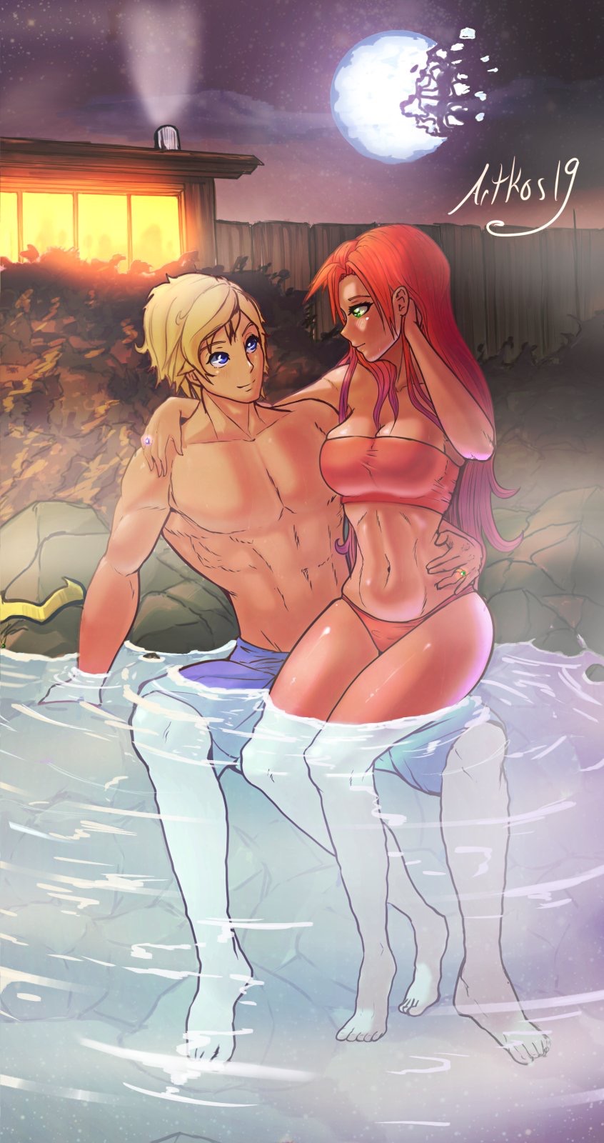 artkos19 bikini blonde_hair blue_eyes couple green_eyes hot_spring jaune_arc male pyrrha_nikos red_hair ring romantic rwby straight swimsuit wholesome