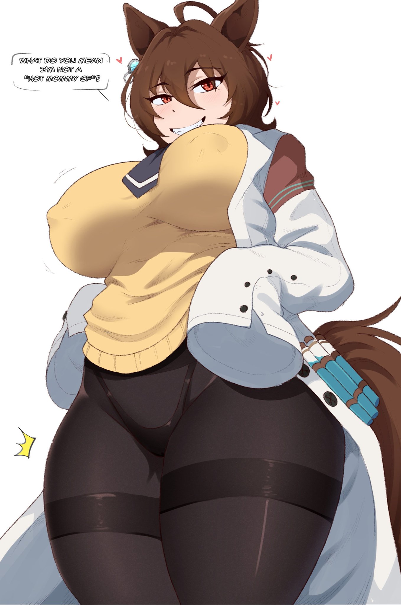 1girls, agnes tachyon (umamusume), ahoge, blush, brown hair, brown panties, clothed, earrings, female, heart, horse ears, horse girl, horse tail, nipple bulge, panties, pantyhose, red eyes, short hair, solo, solo female, tail, tidal (artist), umamusume, vial