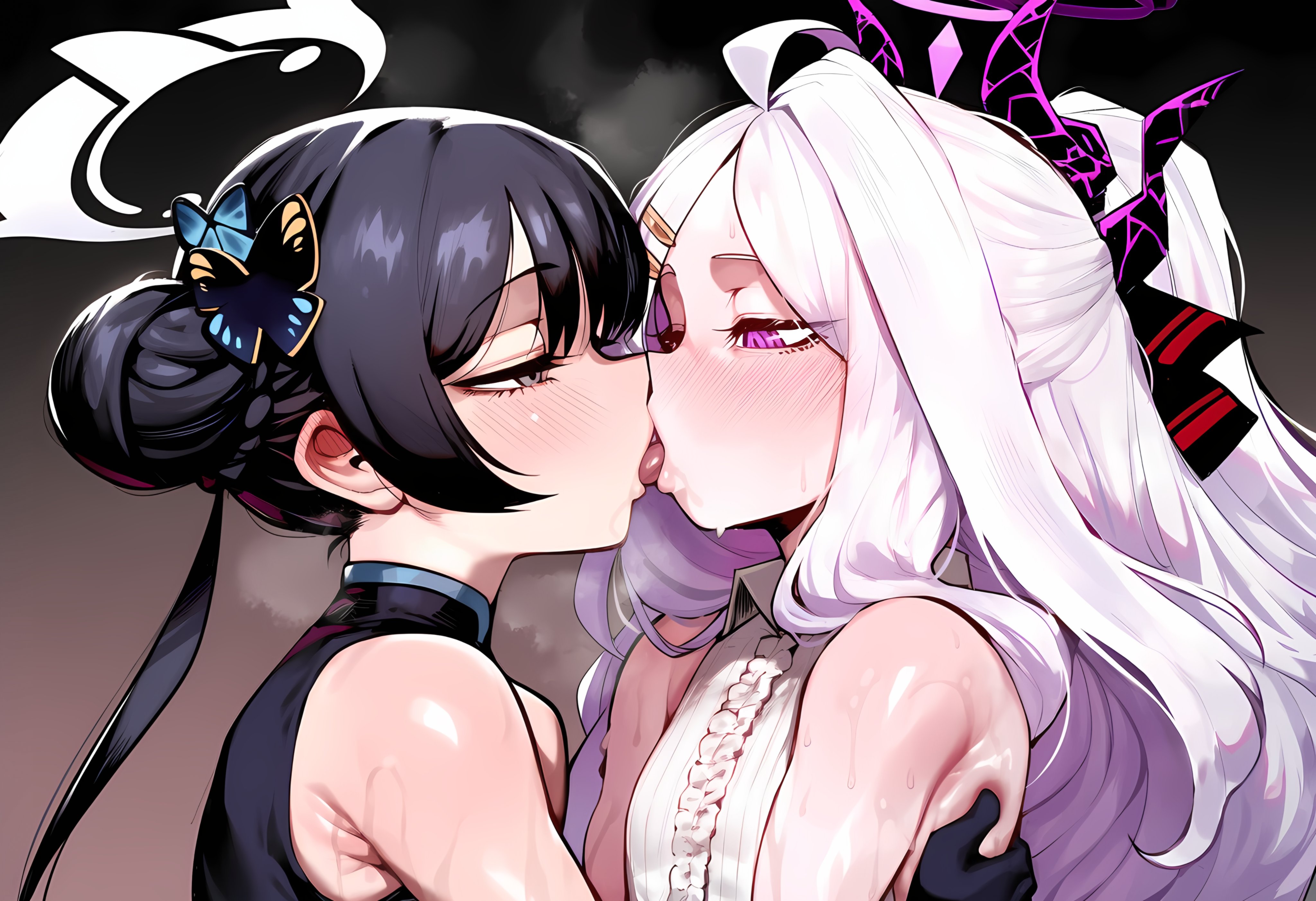 2026, 2girls, ai, ai art, ai generated, aureola, black dress, black hair, blue archive, blue bow, blue butterfly clip, blush, bodily fluids, bottom focus, breasts, breath, breath cloud, breathing, breathing heavily, bubble ass, bubble butt, butt focus, butterfly hair ornament, chinese clothes, close-up, couple, curvaceous, curvaceous female, curvaceous figure, curvy, curvy body, curvy female, curvy figure, curvy hips, dress, drool, face close, female, female focus, female only, french kissing, from behind, genlation, glossy skin, hair bun, hair ribbon, half-closed eyes, heavy breathing, hina (blue archive), huge ass, kisaki (blue archive), kissing, large ass, large butt, large thighs, light skin, light-skinned female, long hair, long ponytail, looking at partner, looking back, miniskirt, nsfw, office clothing, petite, petite body, petite female, ponytail, purple eyes, saliva, shiny skin, silver hair, simple background, sleeveless dress, standing, steam, steaming body, steamy, steamy ass, steamy breath, sweat, sweatdrop, sweating, sweaty, sweaty body, sweaty butt, thick, thick ass, thick legs, thick thighs, thighs, thong, tongue, tongue kiss, uncensored, visible thong, wet, wet skin, white dress, white hair, wide hips, yuri