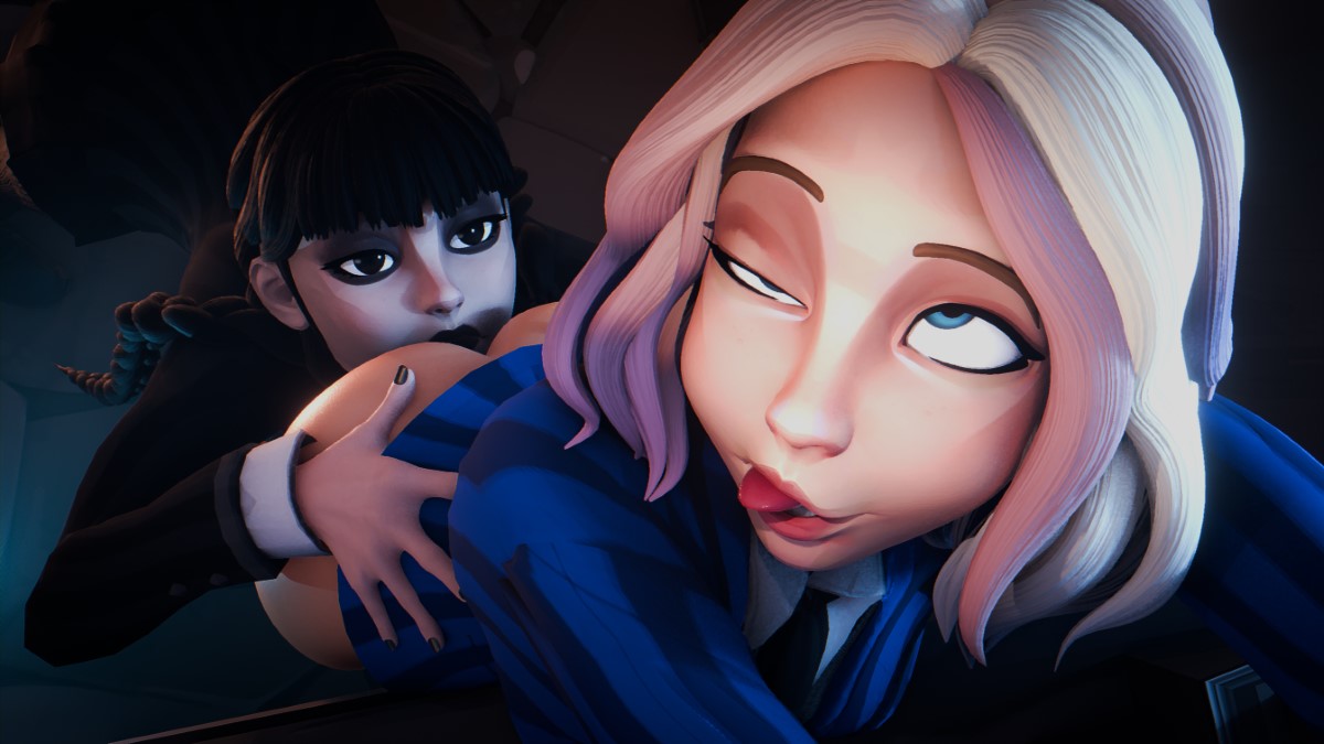2girls, 3d, ahe gao, anilingus, ass, black eyes, black hair, blonde hair, blue eyes, crisisbeat, enid sinclair, extreme ahe gao, female, goth girl, light skin, light-skinned female, multicolored hair, multiple females, multiple girls, rimming, rimming female, school, standing, tagme, the addams family, wednesday (netflix), wednesday addams, yuri