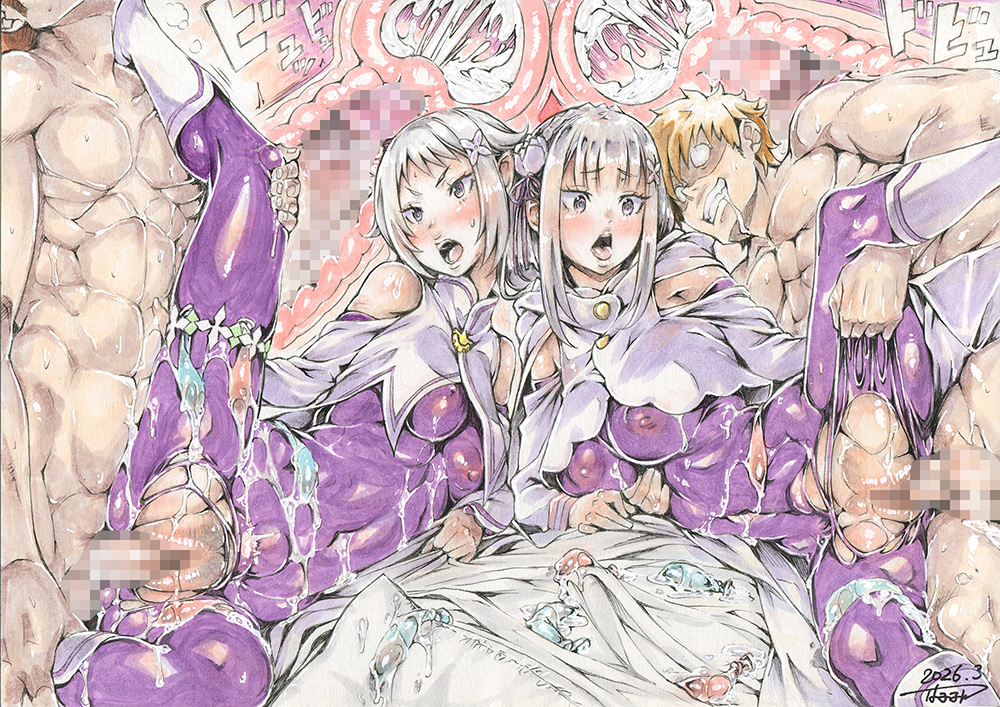 aunt and niece, covered in cum, creampie, cum, cum in pussy, cum inside, elf, emilia (re:zero), fortuna (re:zero), half-elf, harurunn, internal cumshot, internal view, matching hair and eye color, matching outfit, mother and daughter, oyakodon, re:zero kara hajimeru isekai seikatsu, traditional art, traditional drawing (artwork), traditional media, traditional media (artwork), used condom, used condoms, x-ray