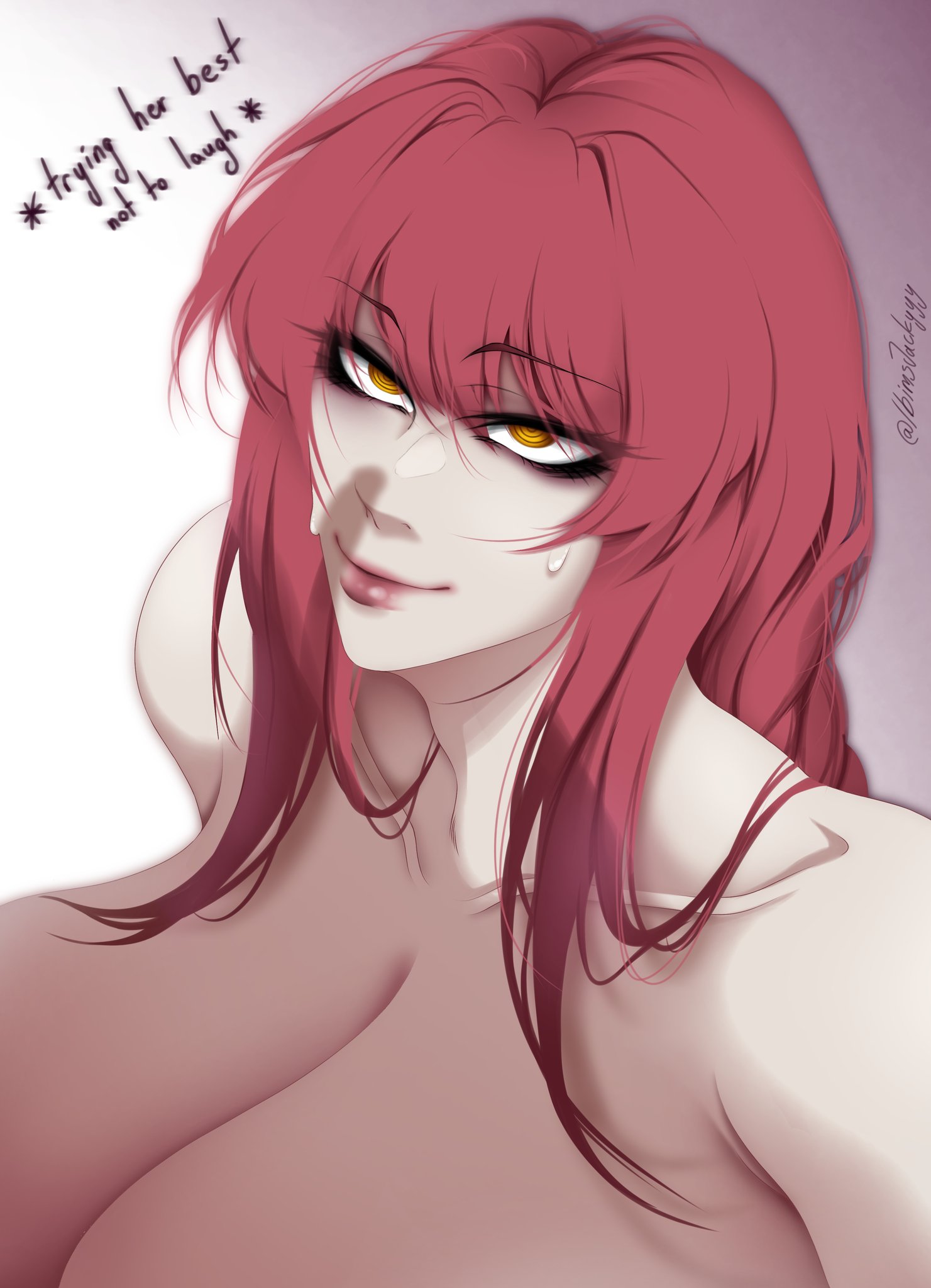 big breasts, breasts, chainsaw man, emotionless, ibimsjackyyy, large breasts, makima (chainsaw man), penis shadow, presenting, red hair, silhouette, small penis, small penis humiliation, text, tiny penis, yellow eyes