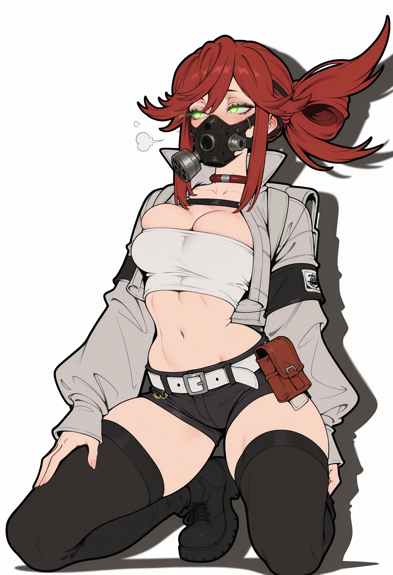 1girls, ai generated, big ass, big breasts, clothed, clothing, gachiakuta, gas mask, kneeling, looking at another, no bra, pose, riyou reaper, solo, solo female