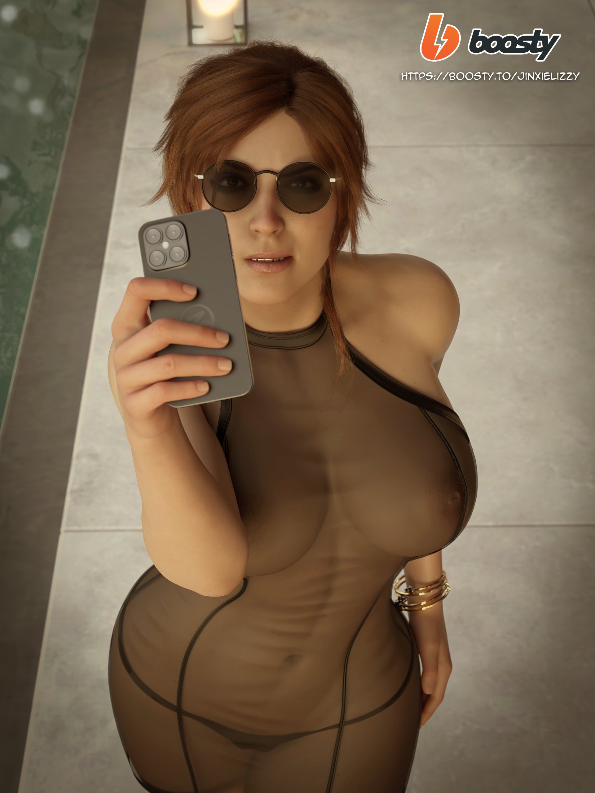 3d, female, jinxie lizzy, lara croft, lara croft (survivor), phone, see-through, see-through clothing, signature, sunglasses, tagme, text, tinted eyewear, tomb raider, tomb raider (survivor)