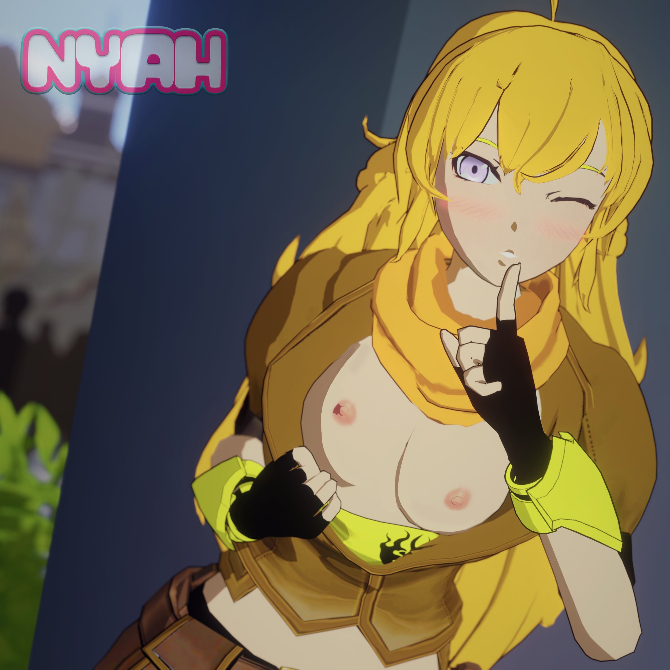 1girls, 3d, big breasts, blonde female, blonde hair, breasts, busty, clothed female, ember celica, large breasts, long hair, long hair female, midriff, nyahs smut, parted lips, partially clothed, presenting, purple eyes, revealing breasts, rwby, seductive, seductive smile, shushing, smile, solo female, teeth, wink, winking, yang xiao long
