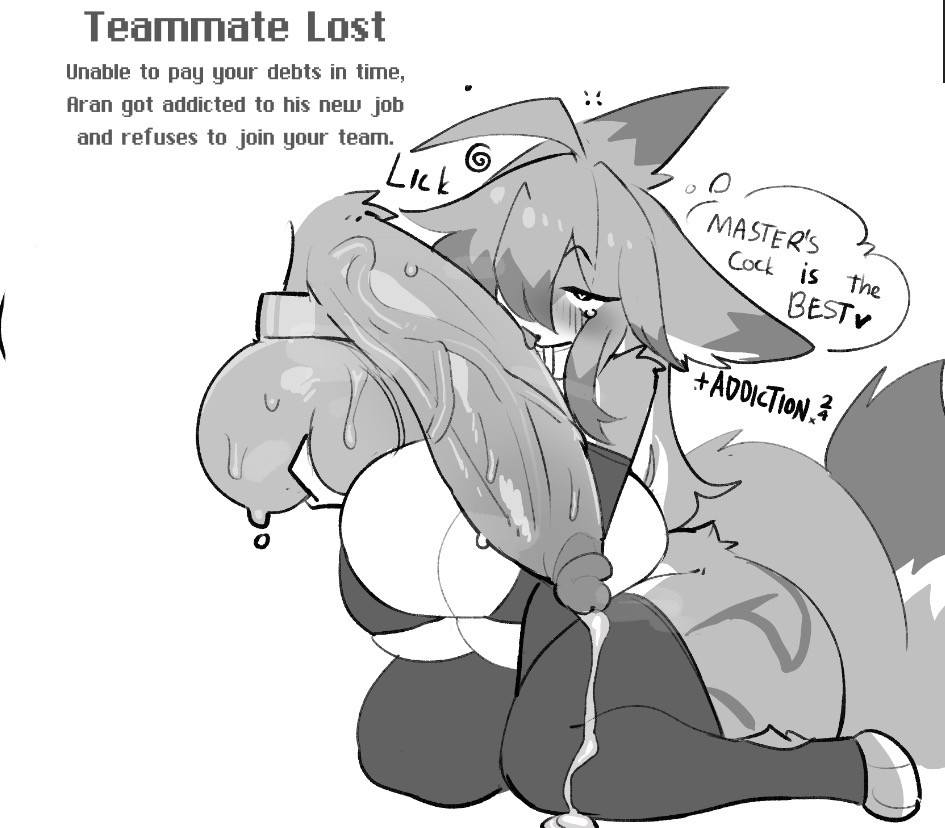 anthro, aran (shiyaa stuff), bad end, bad ending, ball ring, balls, ballsack, black bra, black thighhighs, bra, busty, busty male, cock addiction, cock worship, collar, cum, dialogue, disembodied penis, eyes rolling back, furry, furry male, gameplay mechanics, heart-shaped pupils, licking penis, male, male only, mind break, monochrome, shiyaa stuff, simple background, sweaty balls, sweaty penis, text, thighhighs, veiny penis, white background