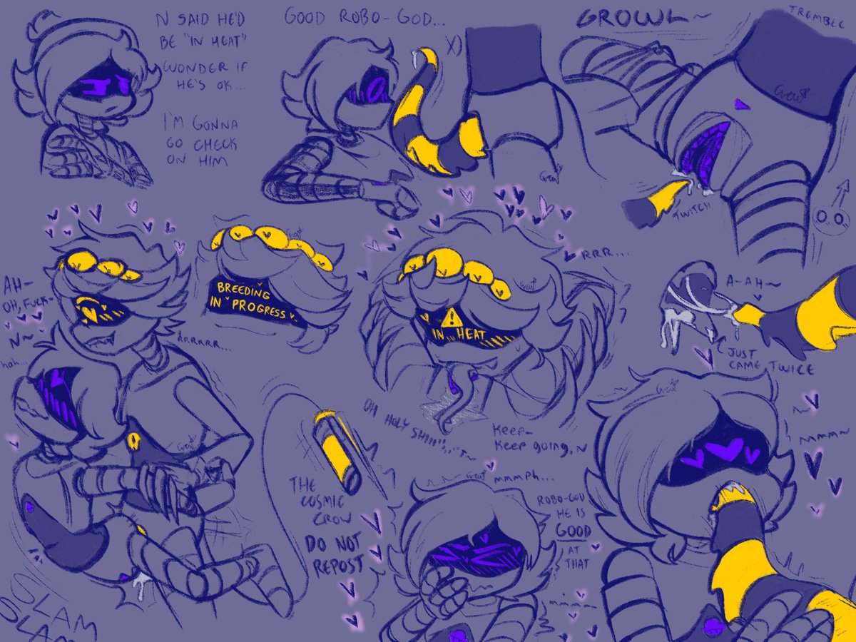 1boy, 1girls, anal penetration, anal sex, beanie, beanie hat, blowjob, cum in mouth, grey hair, heart-shaped pupils, intercourse, male/female, murder drones, n (murder drones), penetration, purple eyes, purple hair, robot boy, robot girl, robot sex, sex, straight, straight sex, tentacle cock, thecrowstash, uzi (murder drones), yellow eyes