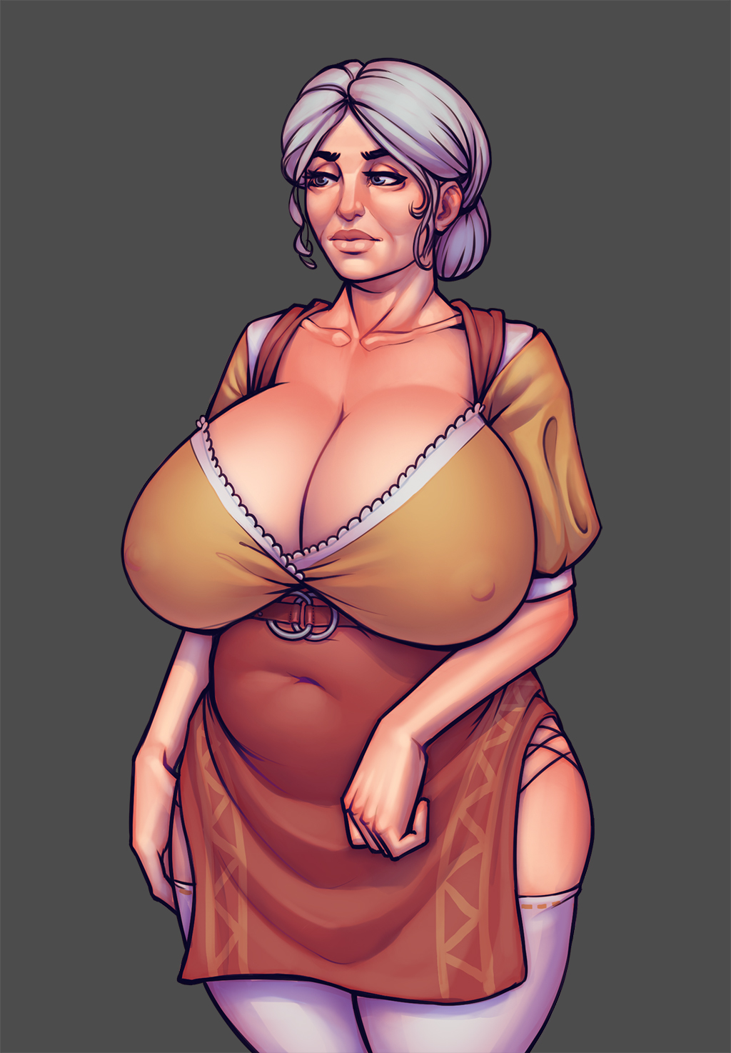 1girls, 2019, agnieszka (warlock and boobs), big breasts, blue eyes, boobsgames, breasts, chubby, cleavage, clothed, female, female only, gilf, grey hair, huge breasts, legwear, mature, older female, short skirt, solo, thick thighs, thighhighs, warlock and boobs, wide hips, wrinkles